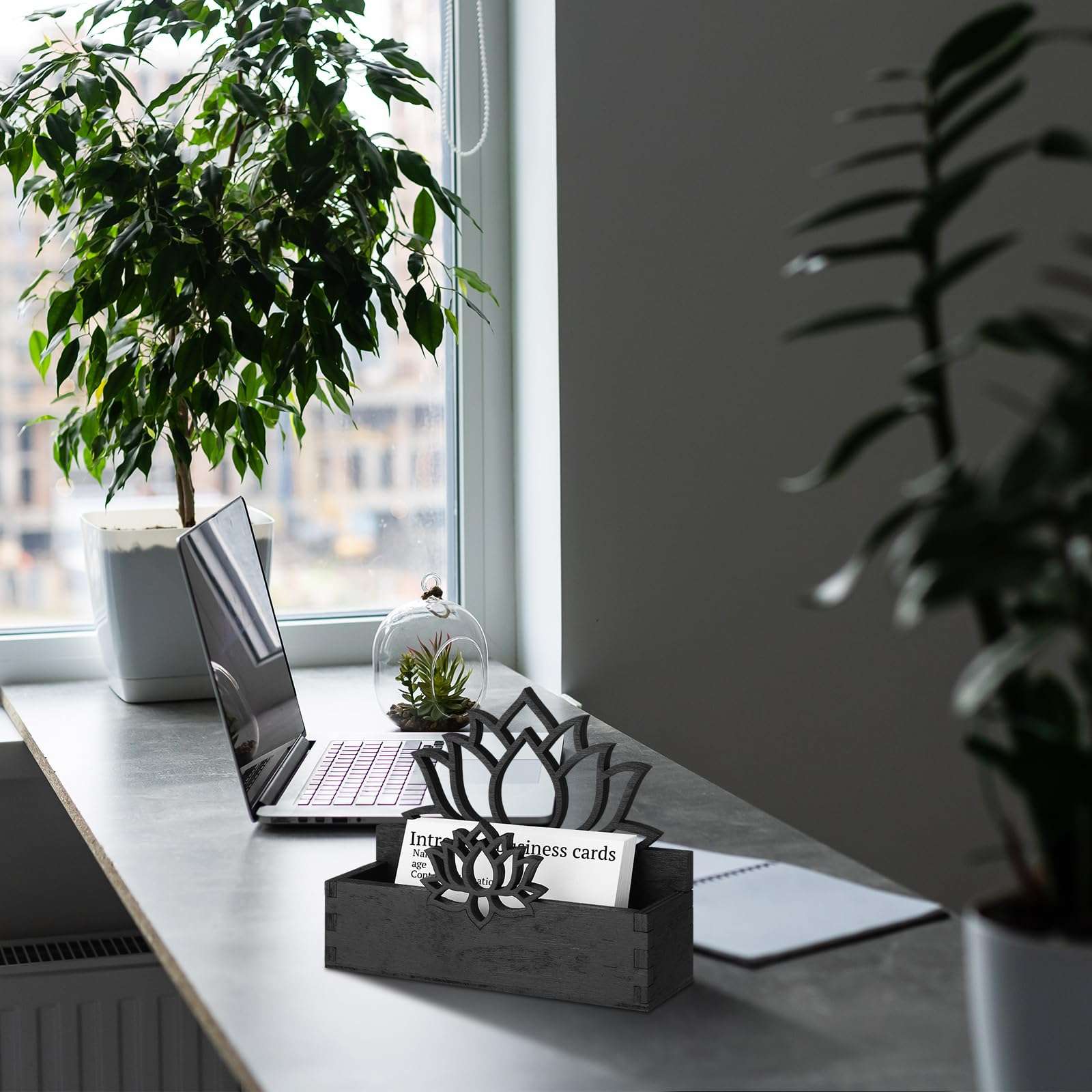 Qunclay 2 Pack Lotus Flower Business Card Holder, Wooden Decorative Business Card Holders for Desk Postcard Display Stand for Office Desktop (Black) 5