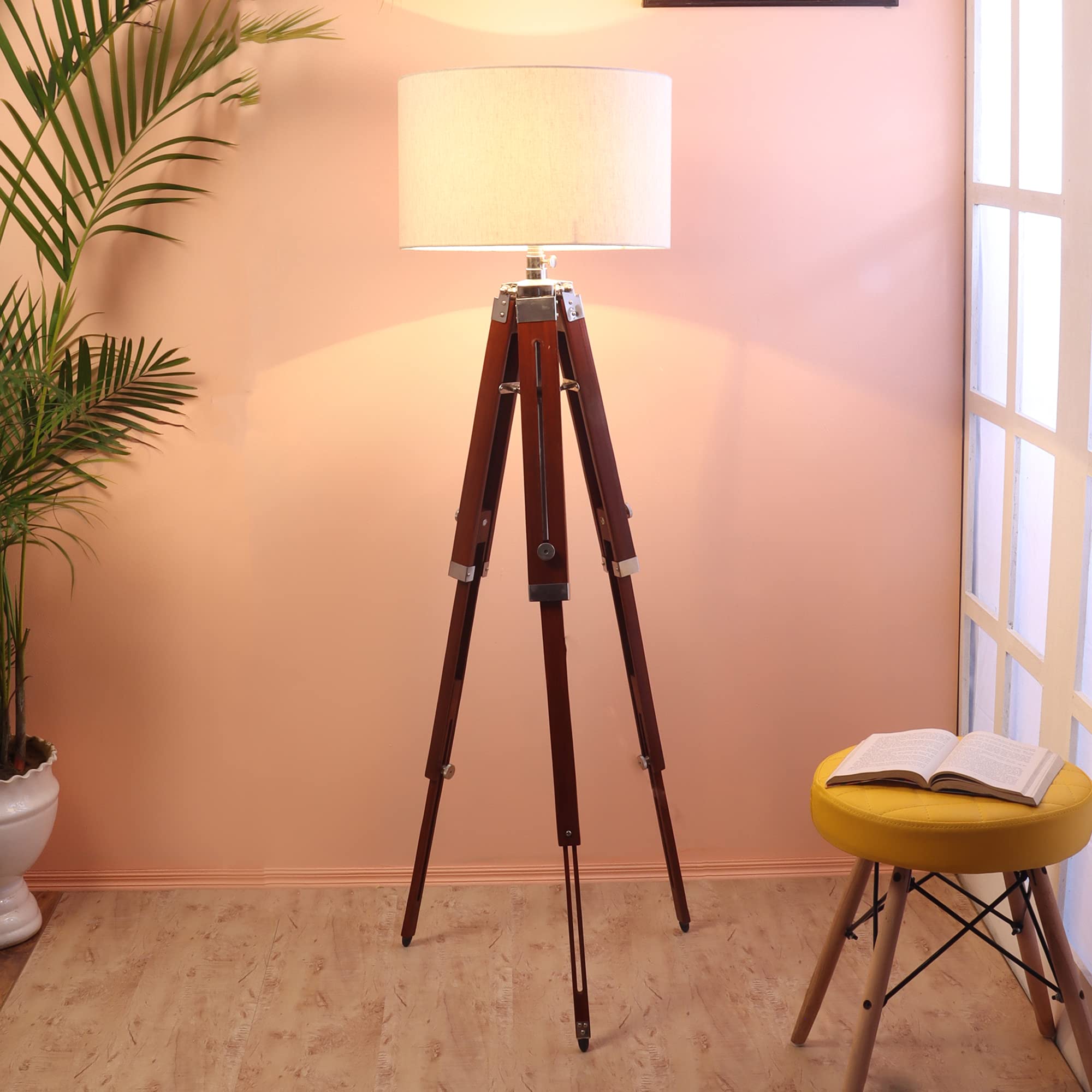 Beverly studio Beige Drum Brown Wooden Tripod Floor lamp 1