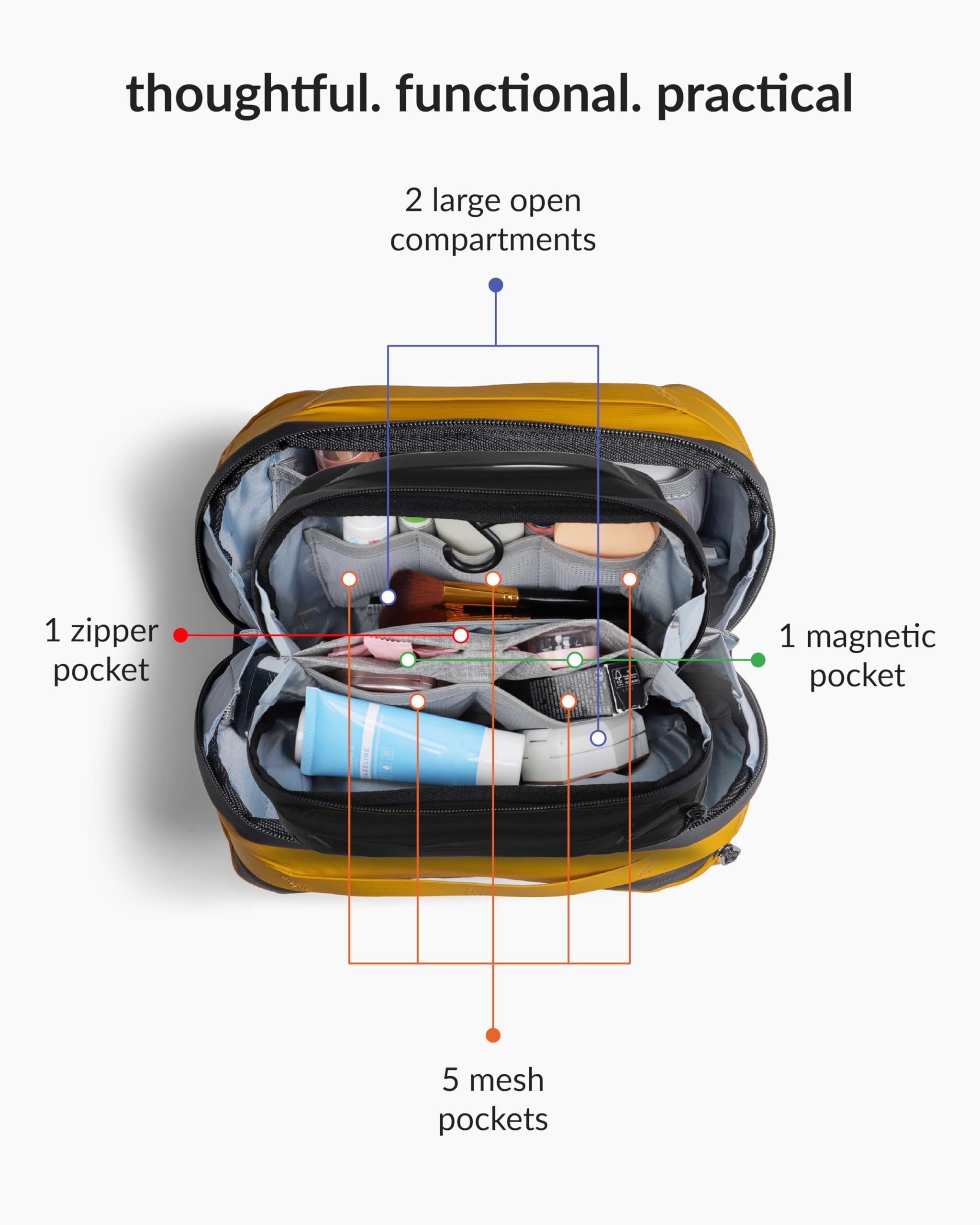 Destinio Toiletry Bag for Men and Women - Waterproof Organizer with Hanging Hook - Travel Pouch and Shaving Kit Bag for Men, Cosmetic and Make up Pouches for Women (Yellow) 4