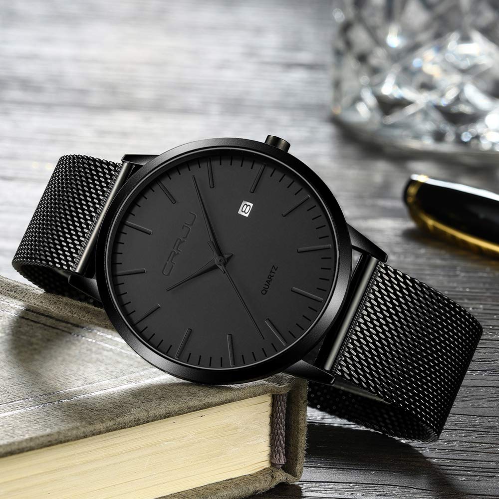CRRJU Men's Luxury Fashion Watches Slim Casual Waterproof Date Quartz Mesh Belt Watch for Men,7MM Black/Grey 5
