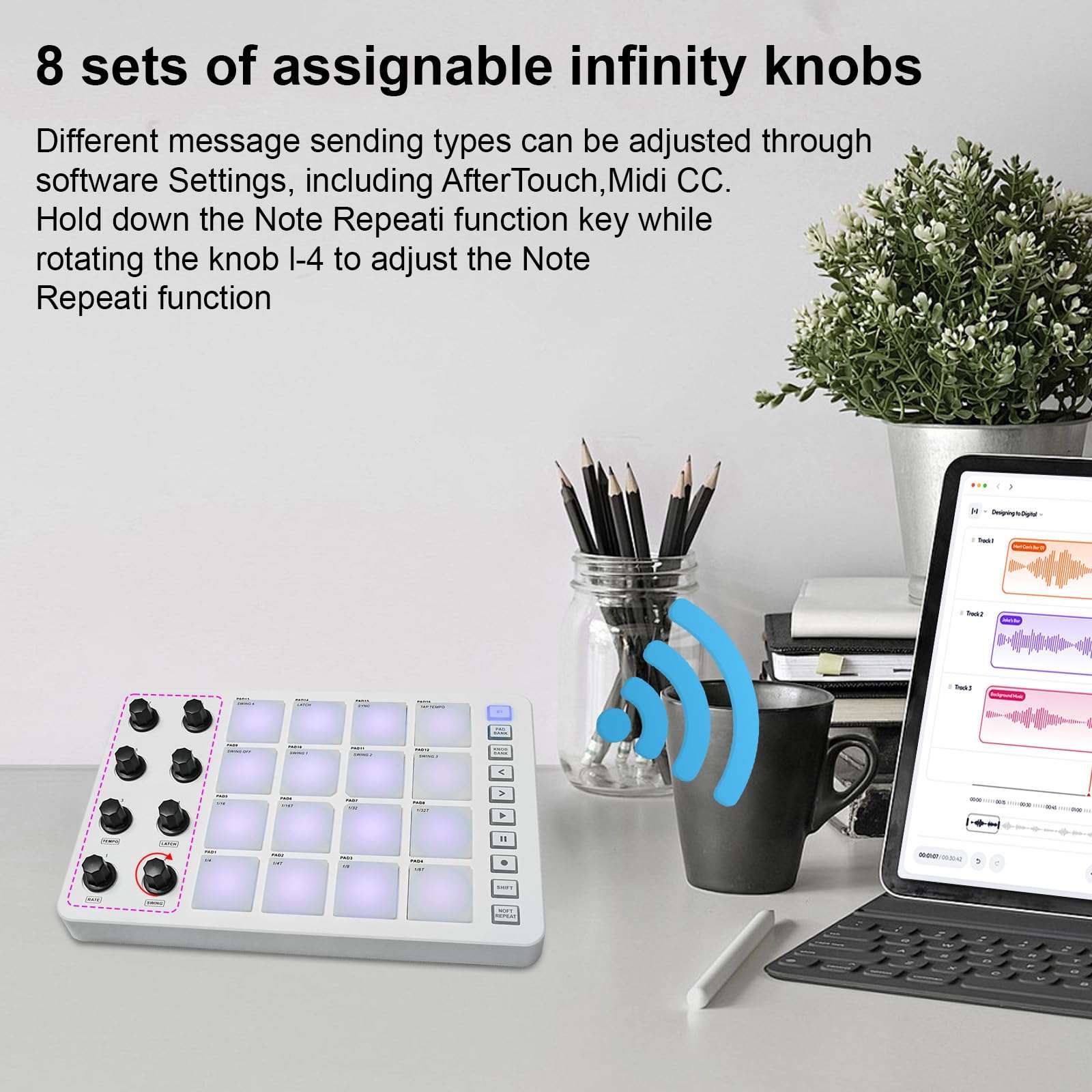 summina MIDI Controller Strike Pad Midi Drum Pad RGB Backlight MIDI Keyboard BT Connection Low Latency 16 Strike Pads 8 Assignable Knobs Note Repeat Portable MIDI Pad Controlador Midi 3