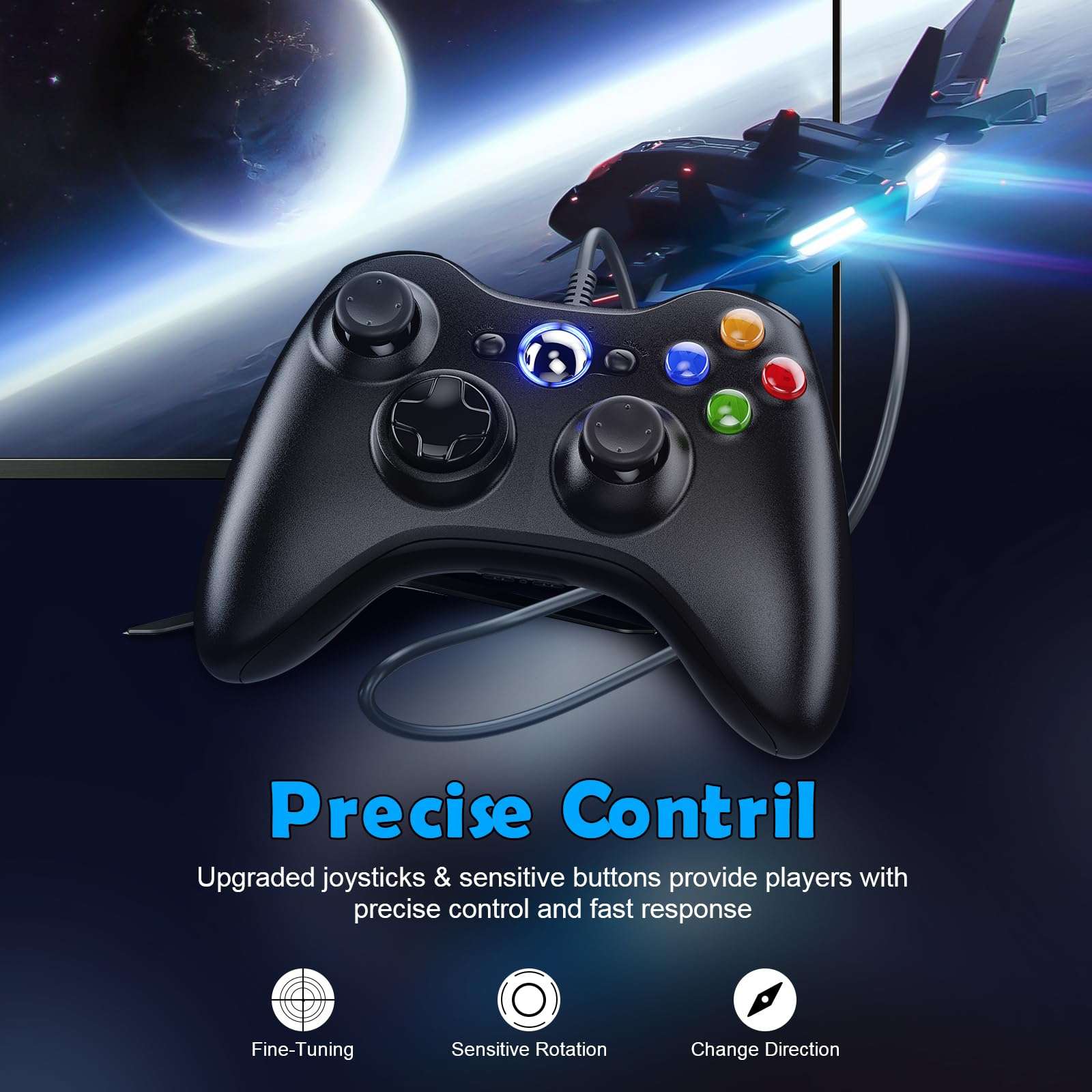 LENISUOLE Wired PC Controller for Xbox 360, Wired Controller Compatible with Microsoft Xbox 360 & Slim/PC Windows 10/8/7, with Upgraded Joystick, Double Shock | Enhanced 5