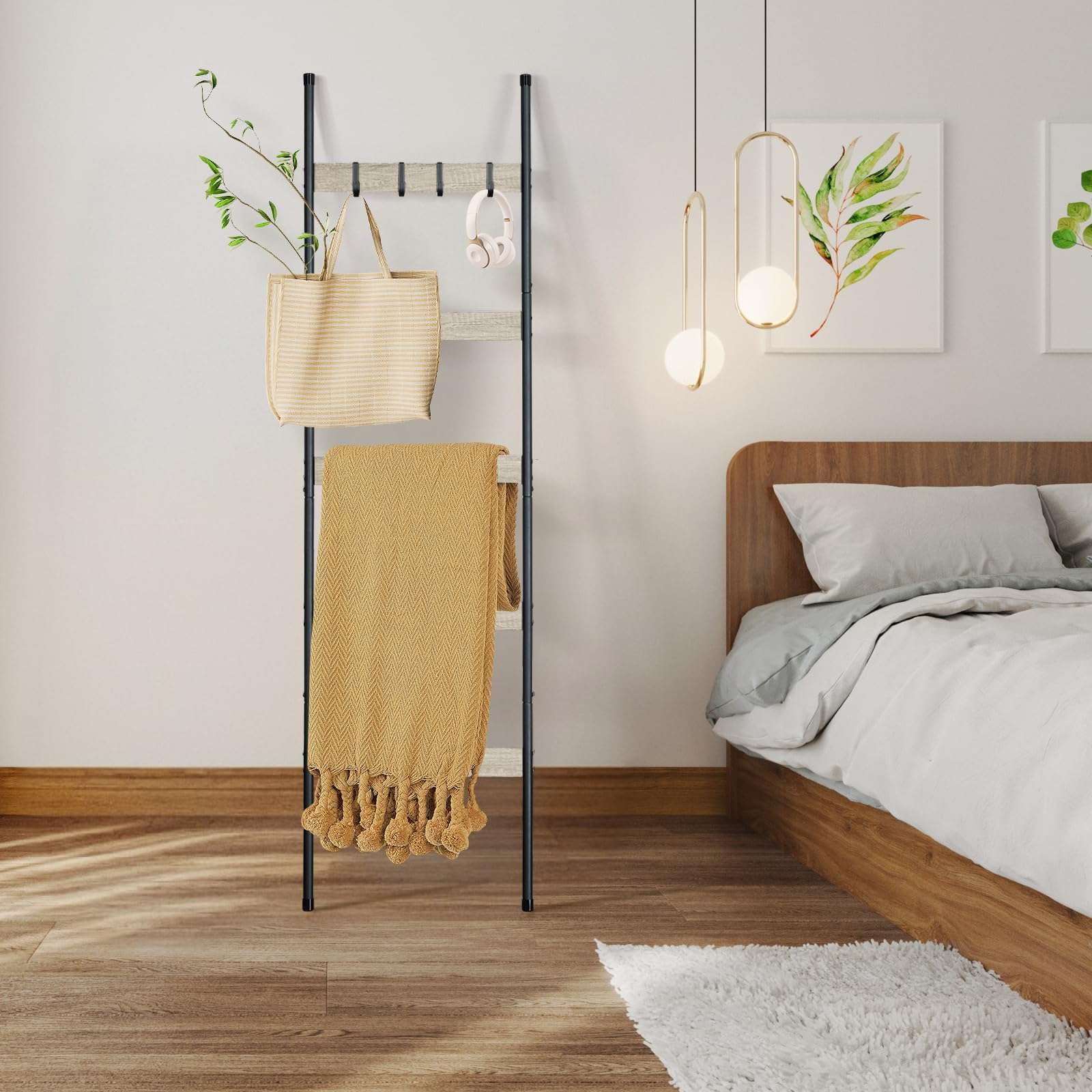 ELYKEN Blanket Ladder for Living Room, Farmhouse 5 -Tier Quilt Holder with 4 Removable Hooks for Bathroom, Wood Towel Rack Display, Wall Anchor Leaning Decorative Stand for Home Decor, White Oak 5