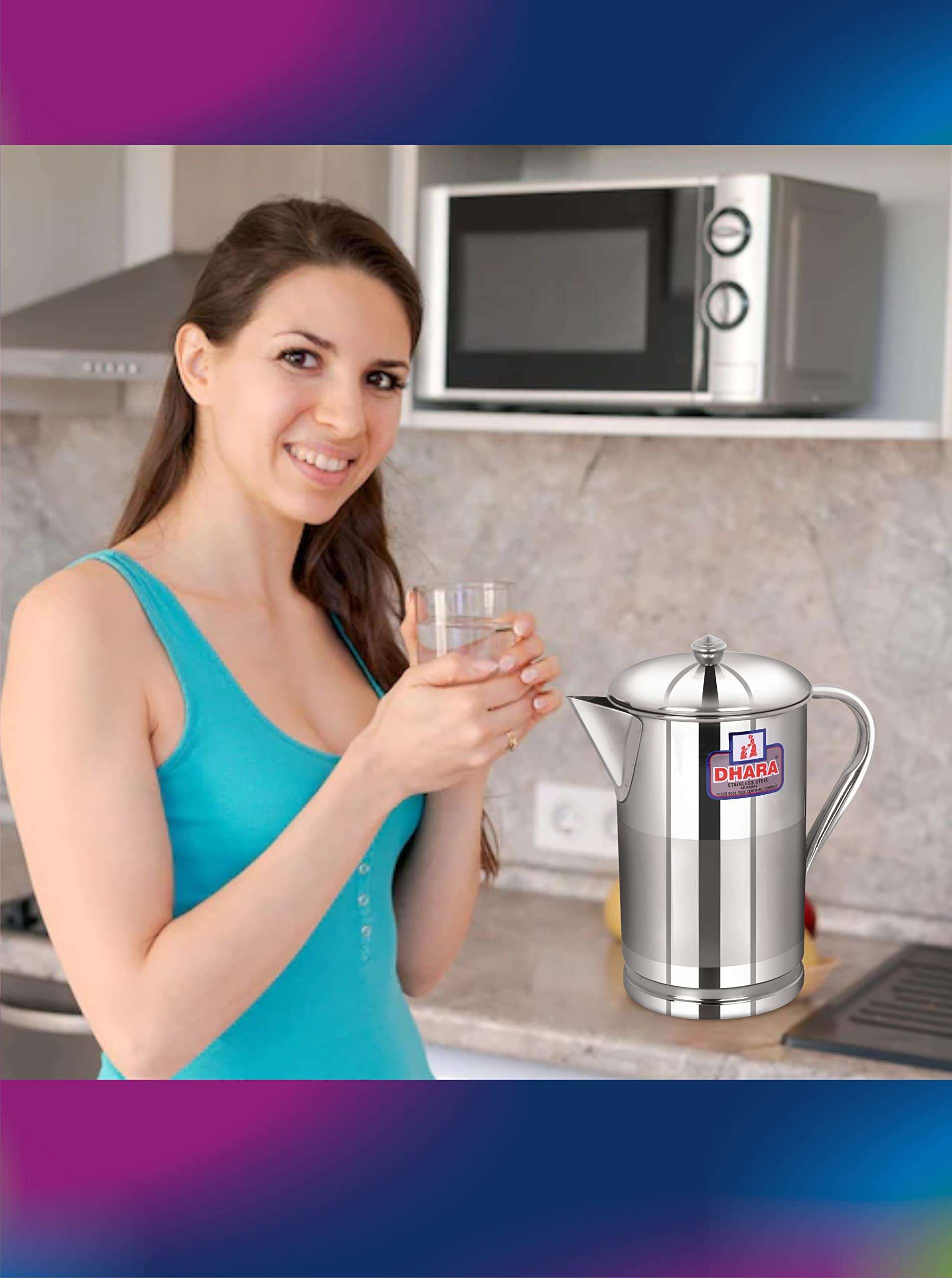 Dhara Stainless Steel 1L Water Jug with Lid, Slim Steel Jug for Dining Table Water Serving, Leakproof, Rust Resistant Easy Pour Slimline Pitcher 4