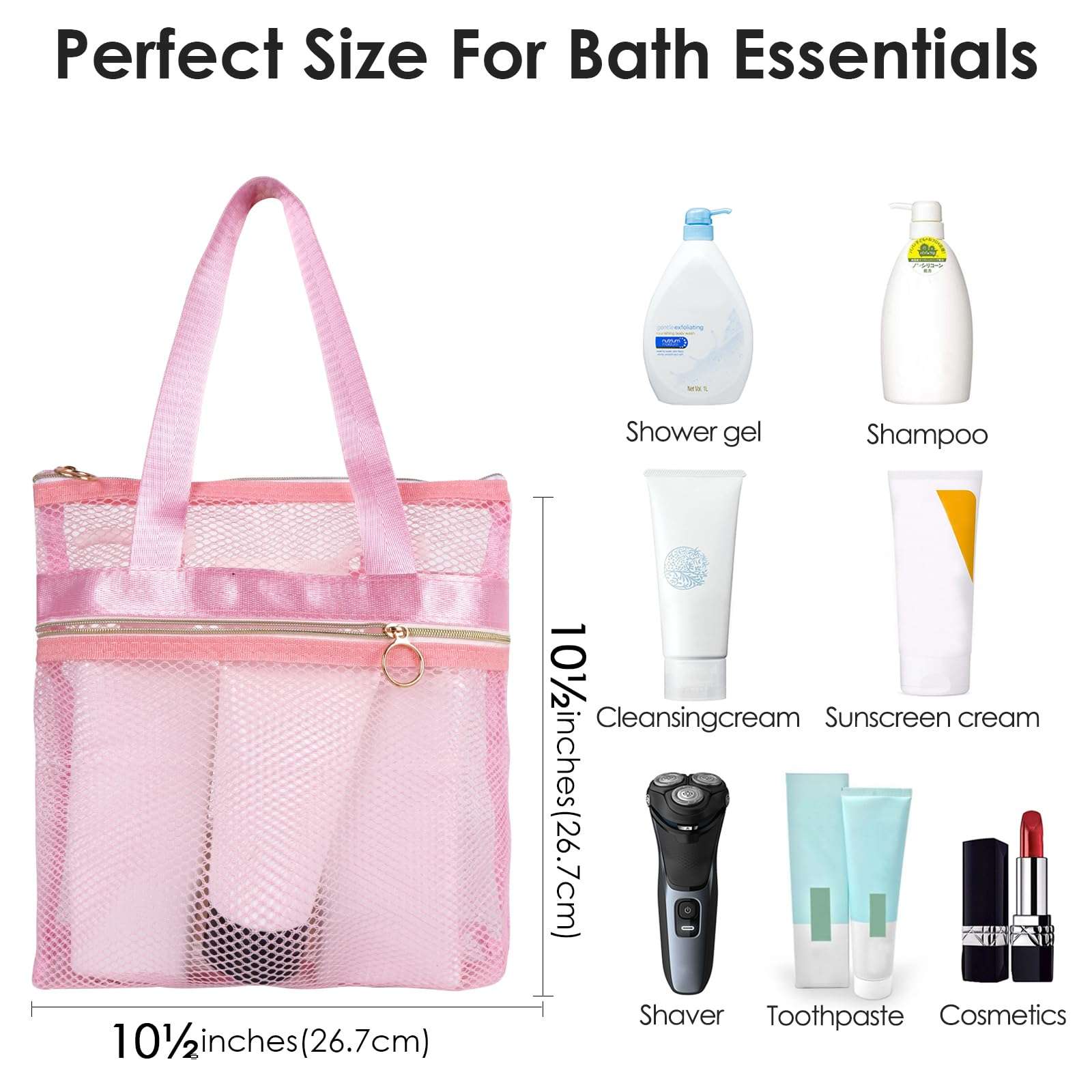 DODAMOUR 2 Packs Mesh Shower Caddy, Portable Shower Tote Bag for College Dorm, Travel Hanging Toiletry Bath Organizer with Zipper (Pink) 4