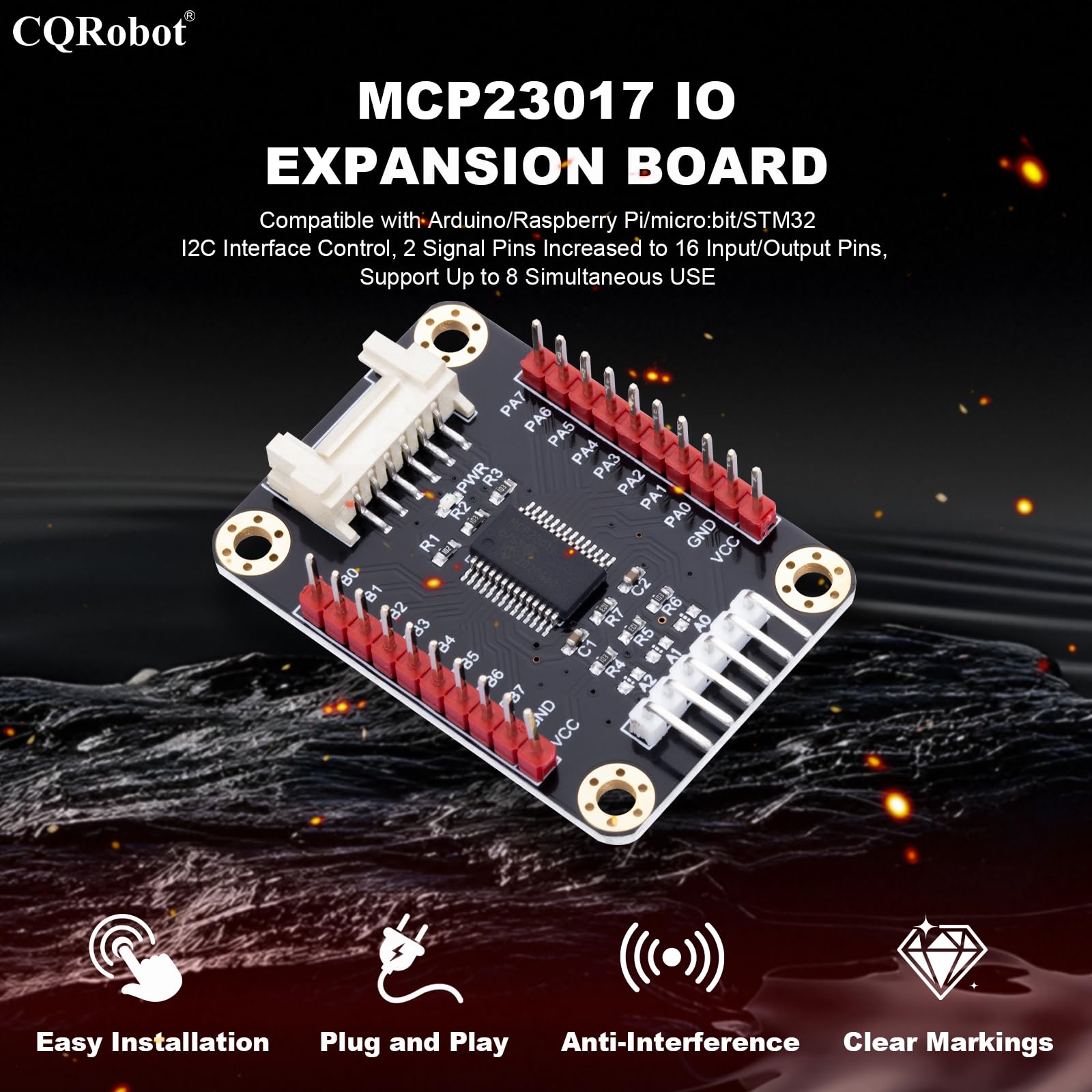 CQRobot MCP23017 IO Expansion Board Compatible with Raspberry Pi/Micro:bit/Arduino/STM32. I2C Interface Control, 2 Signal Pins Increase to 16 Input/Output Pins, Supports UP to 8 Simultaneous Uses. 2