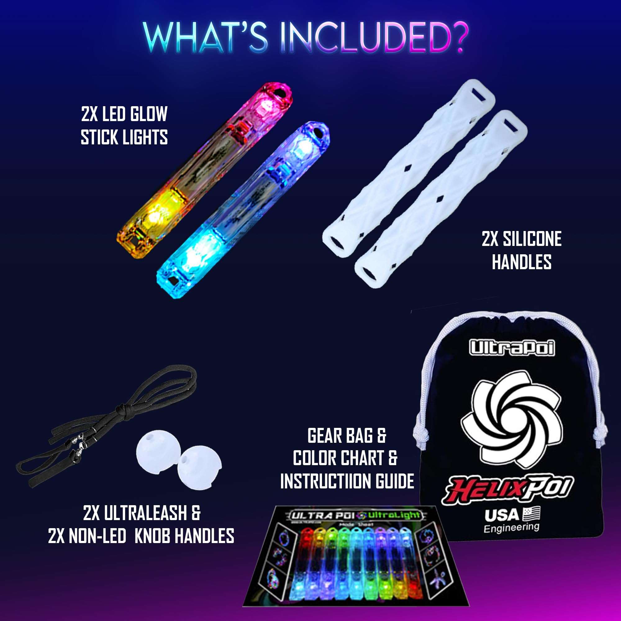 UltraPoi HelixPoi Set - Helix Poi w/Non-LED Knob Handles - 70+ Brilliant Color Modes & Patterns - LED Poi Glow Stick Lights w/Soft Durable Cases & Adjustable Leashes - Flow Arts Light Spinning Toy 4