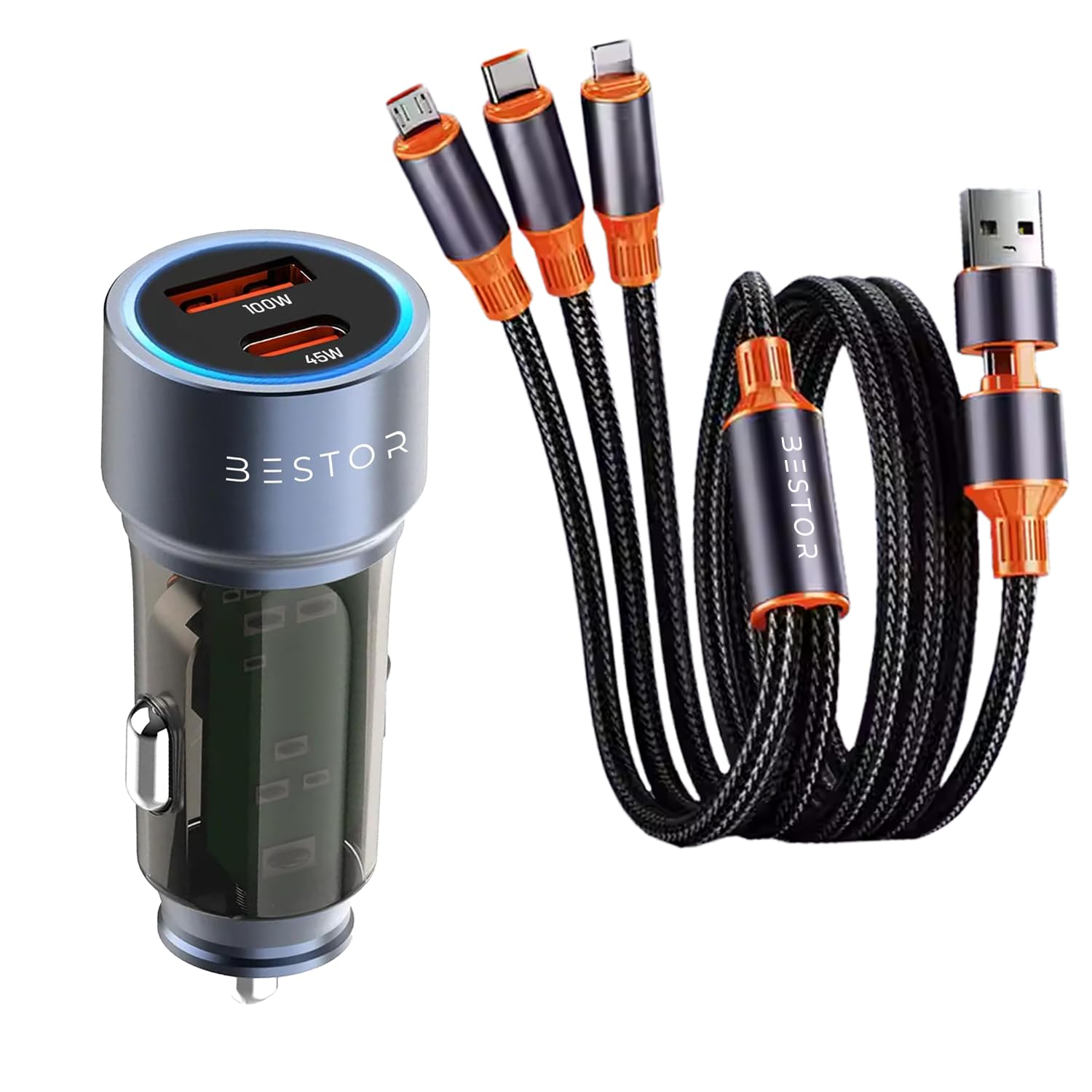 Bestor VoltDrive Pro 145W Car Charger with Dual Output, Type C (45W) PD/PPS, USB Port (100w), BIS Certified, Compatible Smartphones, Laptops Devices Come with 100W USB C Cable Nylon Braided Cord
