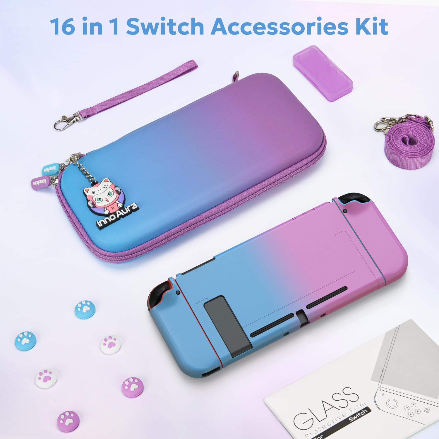 Switch Case for NS Switch, innoAura 16 in 1 Switch Accessories Bundles with Switch Carrying Case, Switch Game Case, Switch Protective Case, Switch Screen Protector (Blue-purple Gradient) 4
