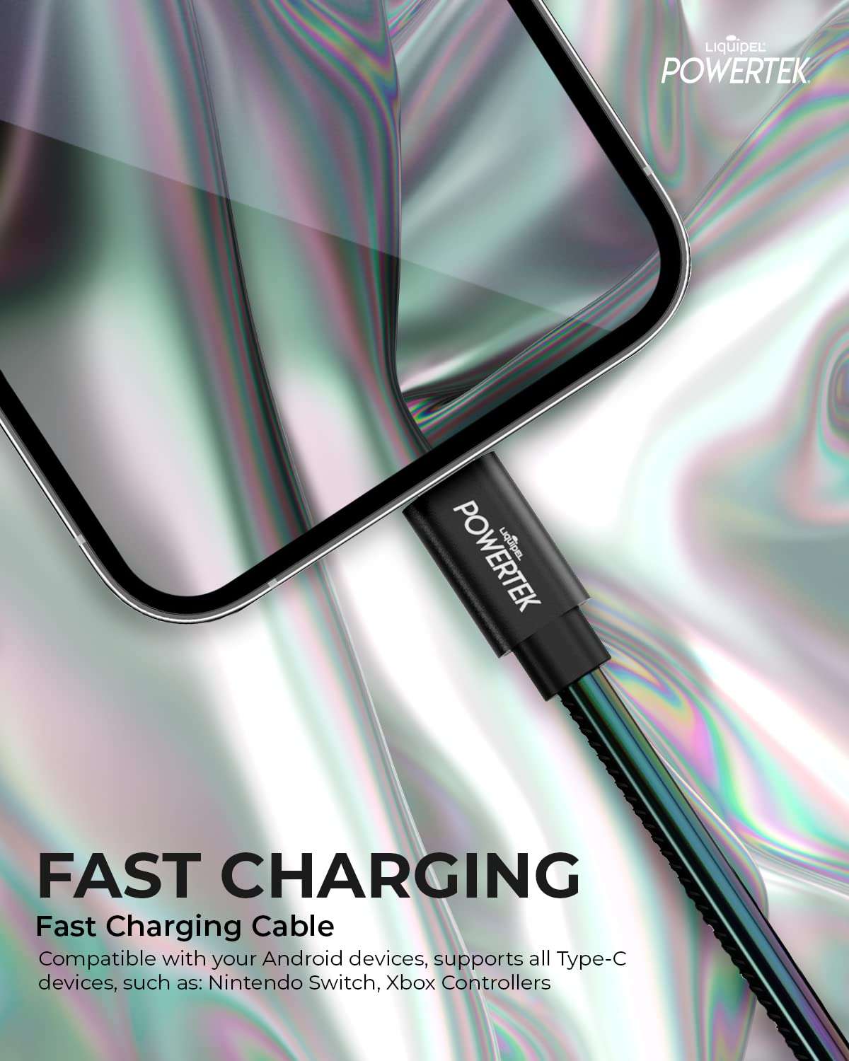 LIQUIPEL Powertek Metallic Shine USB Type C Charger Cable, 6ft Fast Charging USB C Cord, Adapter for Car, Galaxy, Android, Note, MacBook, Nintendo, PlayStation, Chromebook, Pixel (Black) 4