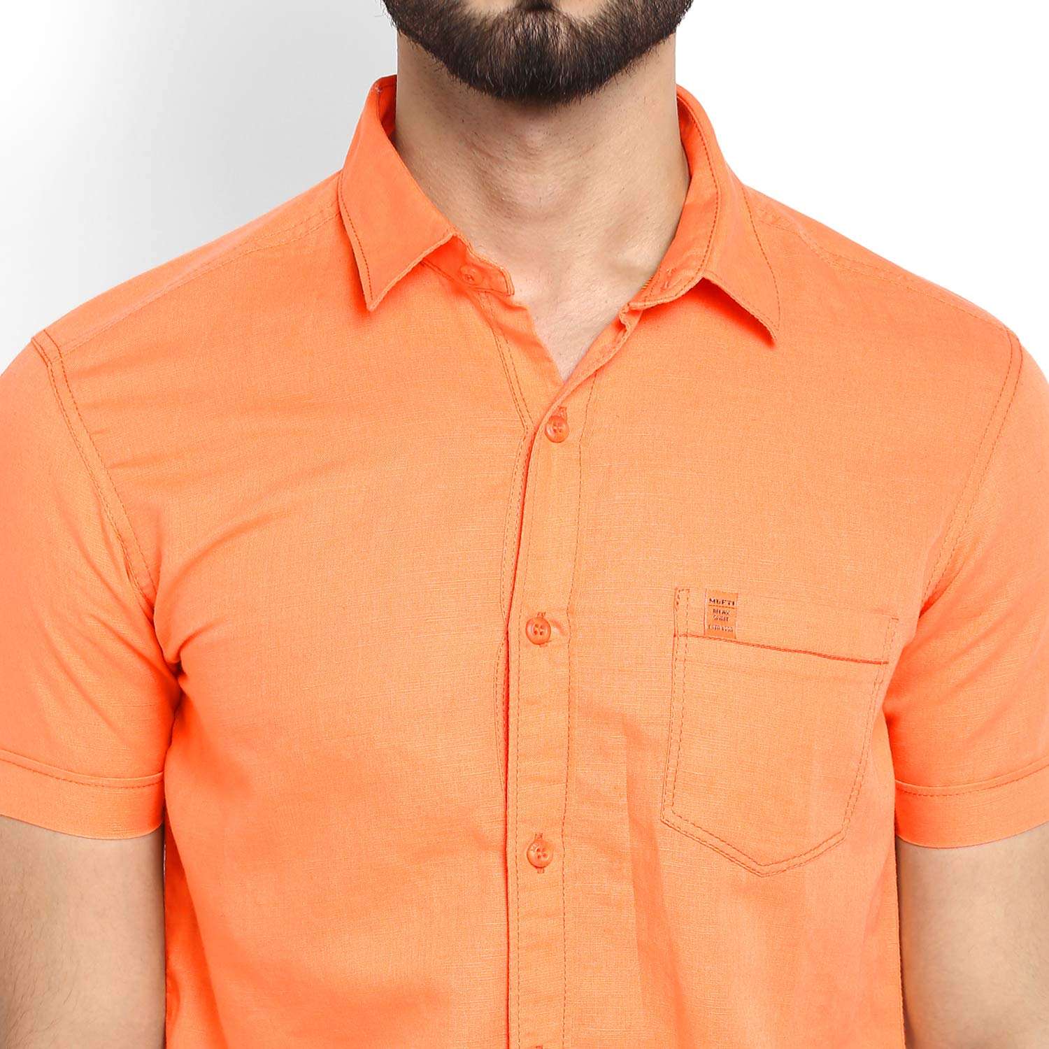 Mufti - MFS-10258-I Men's Solid Orange Half Sleeve Slim Fit Cotton Linen Shirt, 3XL 6