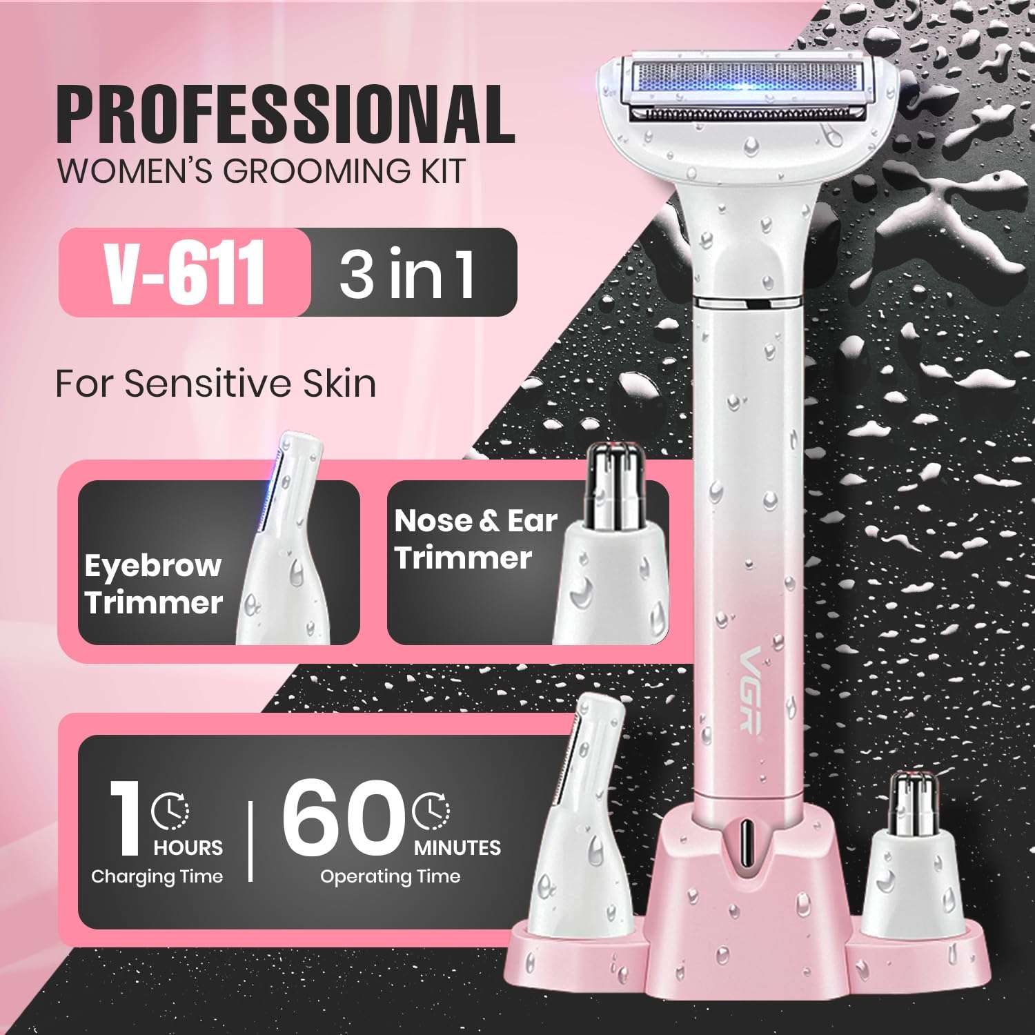 VGR Bikini Trimmer for Women | Safe & Gentle Grooming for Bikini, Underarm, Face & Body | Eyebrow & Nose Trimmer Attachments | IPX5 Waterproof | 60min Runtime | Type-C Charging (V-611) 3