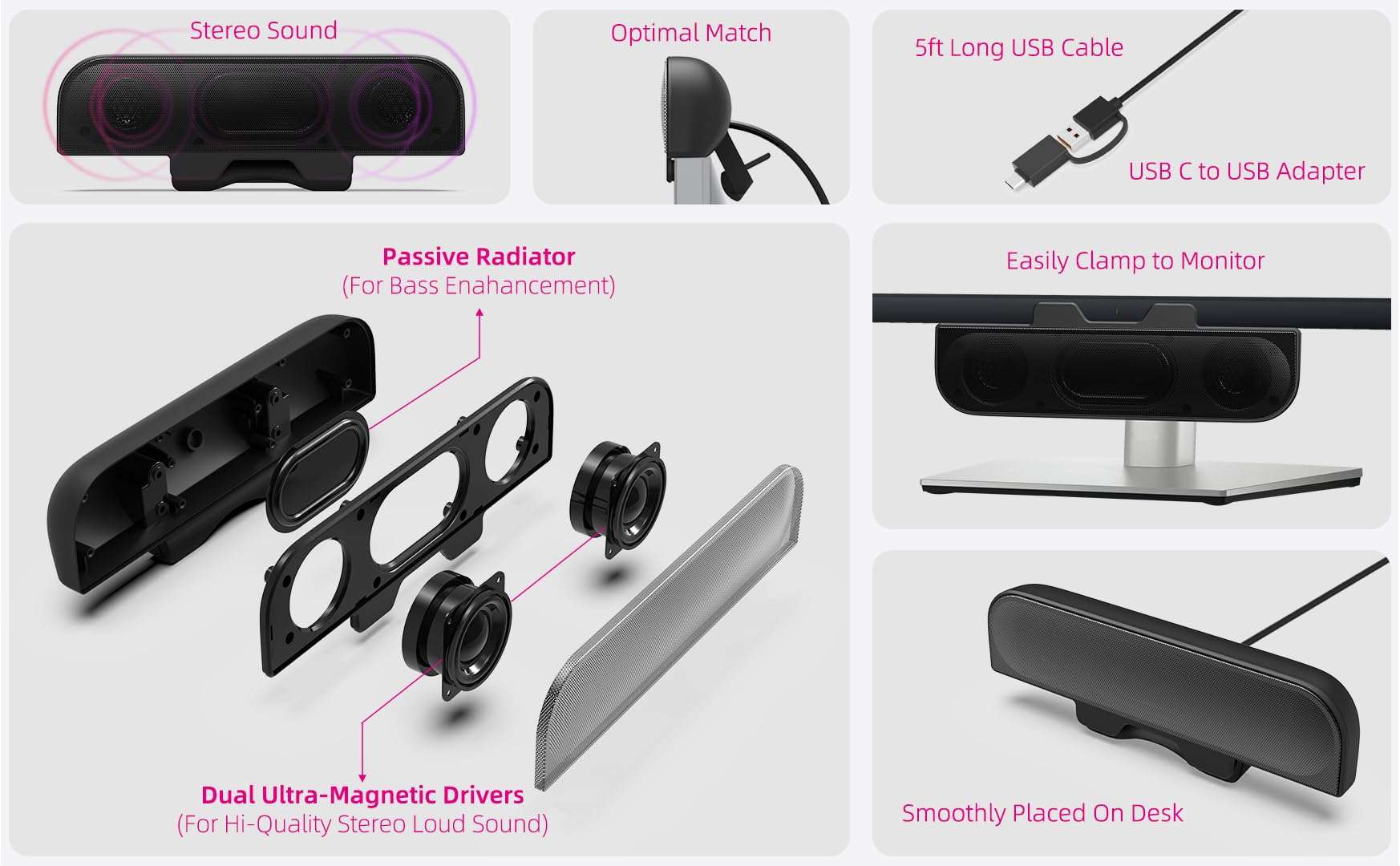 Computer Speakers for Desktop PC, Monitor Speakers, USB Plug-in, Wired, External Speaker for Laptop, Small Computer Soundbar for PC, with Loud Sound, Deep Bass, USB-C Adapter, Easily Clamp to Monitor 4