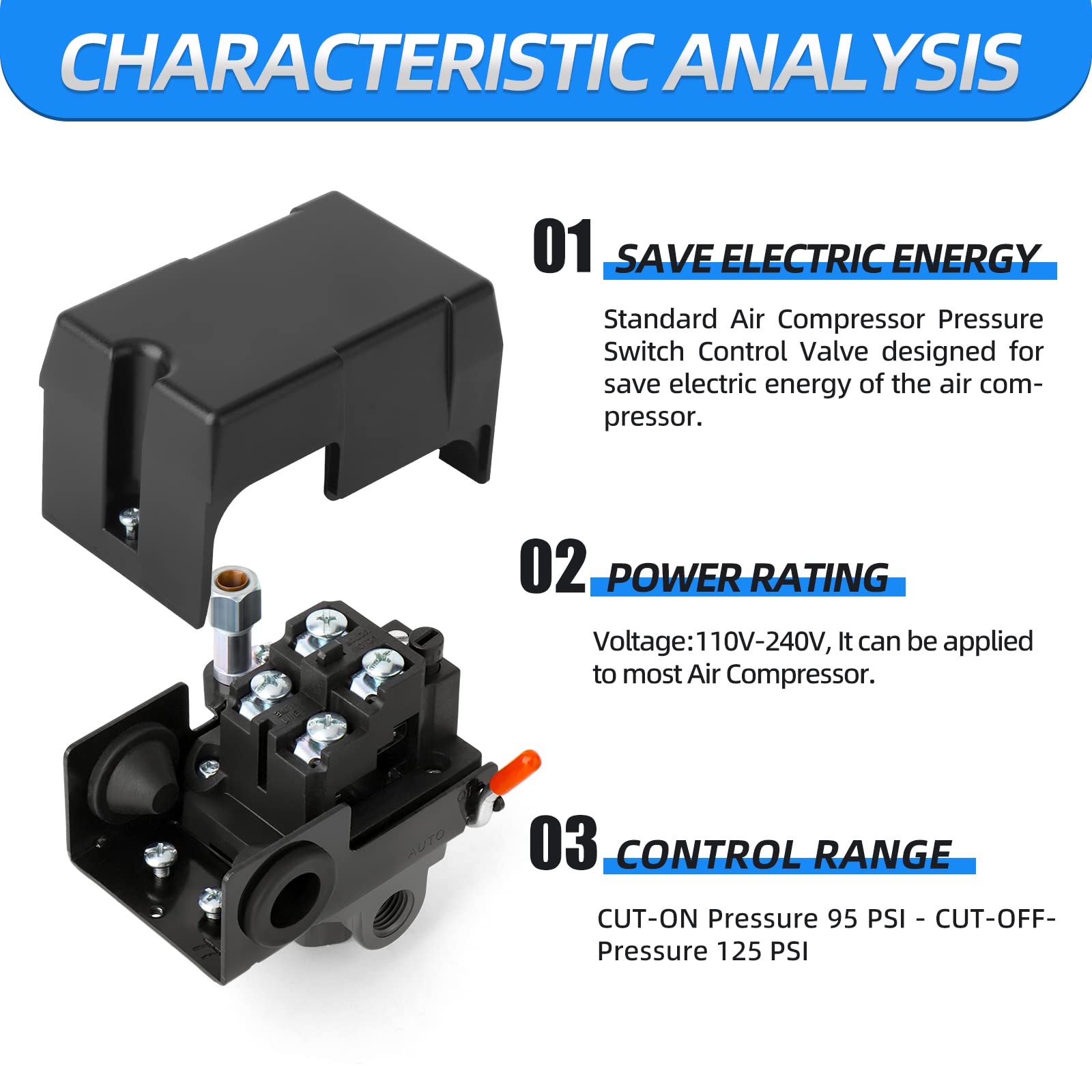 MEANLIN MEASURE Air Compressor Pressure Switch Control Valve 95-125 PSI 110V-240V 4-way Replacement Parts With 0-200 Pressure gauge and Safety Pressure Relief Valve 4