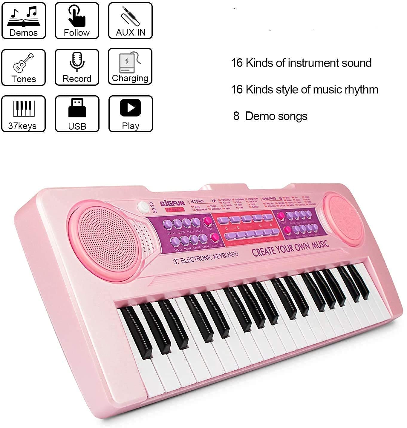 RADDIYA VINUBHAI Pink Colors 37 Key Keyboard Toy, DC Power Mode, Portable Electronic Keyboards Beginners Musical Toys Pianos, DC Power Option and Recording Function with MIC (Multi Colors) 5
