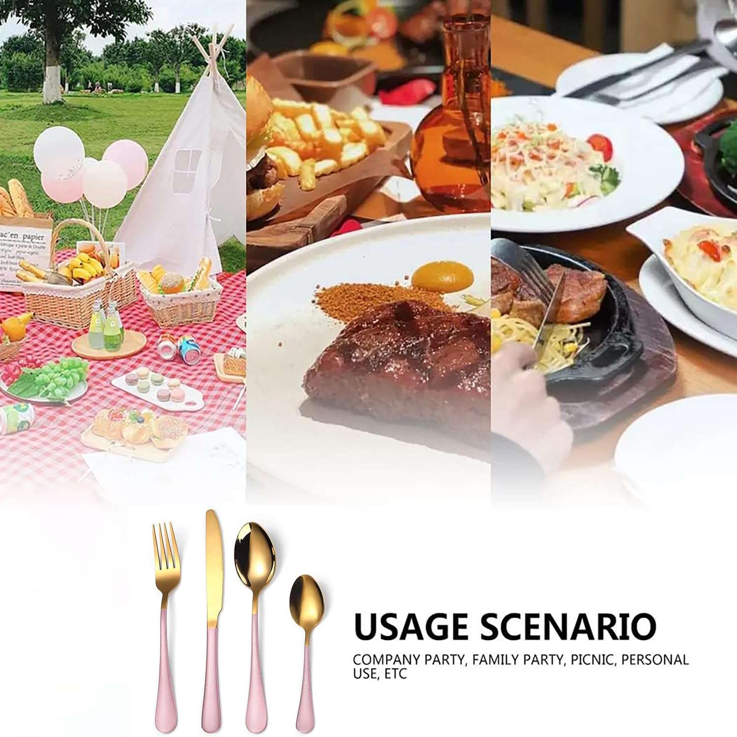 KitchAntique Set of 48 Premium Gold Cutlery with Pink Handle | Stainless Steel Flatware, 12 Dinner Spoons, 12 Forks, 12 Butter Knives, 12 Teaspoons | Reusable for Home & Corporate Gifting 4