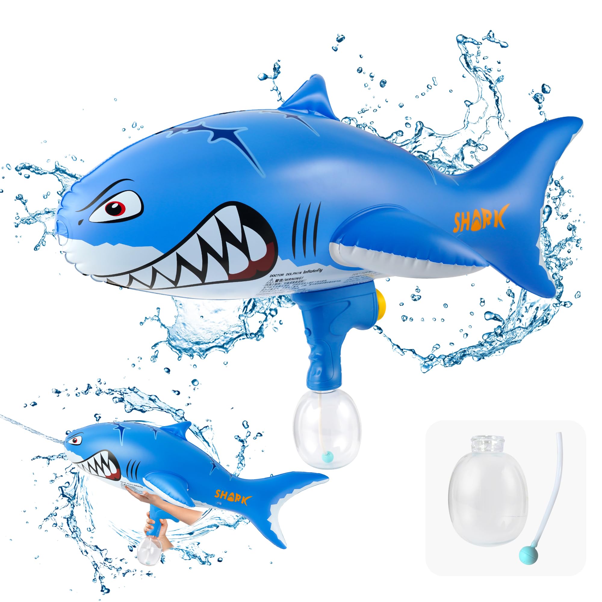 INFLATEFLY Water Guns for Kids Large Outdoor Water Toy Gun for Swimming Pool Beach Inflatable Squirt Gun for 3 Years Old and up (Shark)