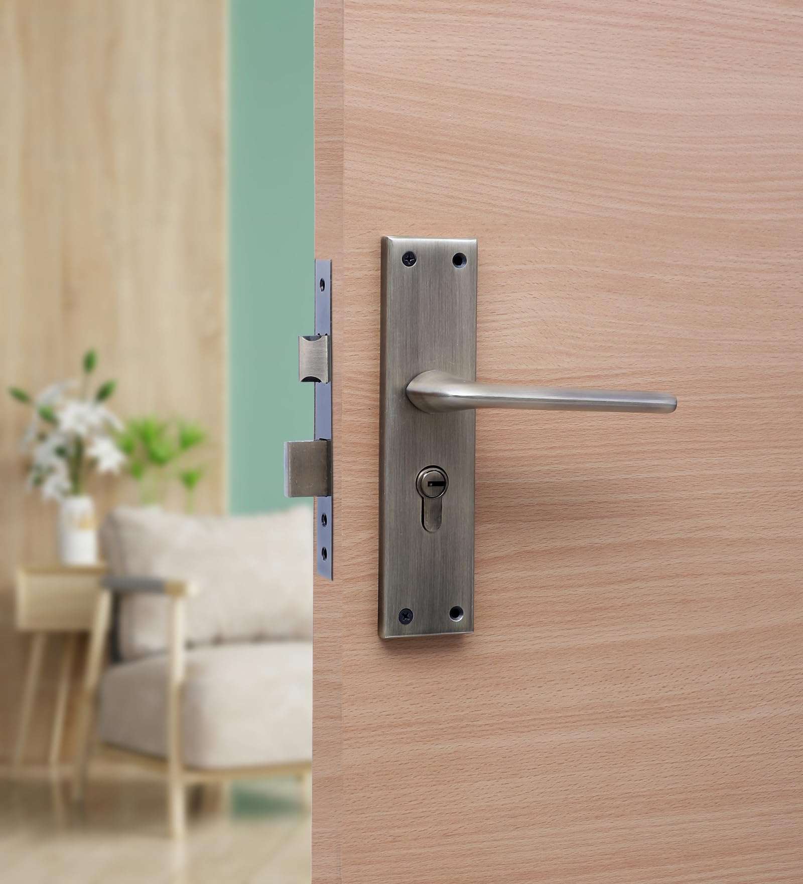 Two Moustaches 5 Inches Antique Brass Matt Finish Aluminium Mortise Lock Door Handles Plate Set, Door Handles for Main Door, Handle Locks for Bedroom/Bathroom, Complete Mortise Lock Set (with Lock) 4