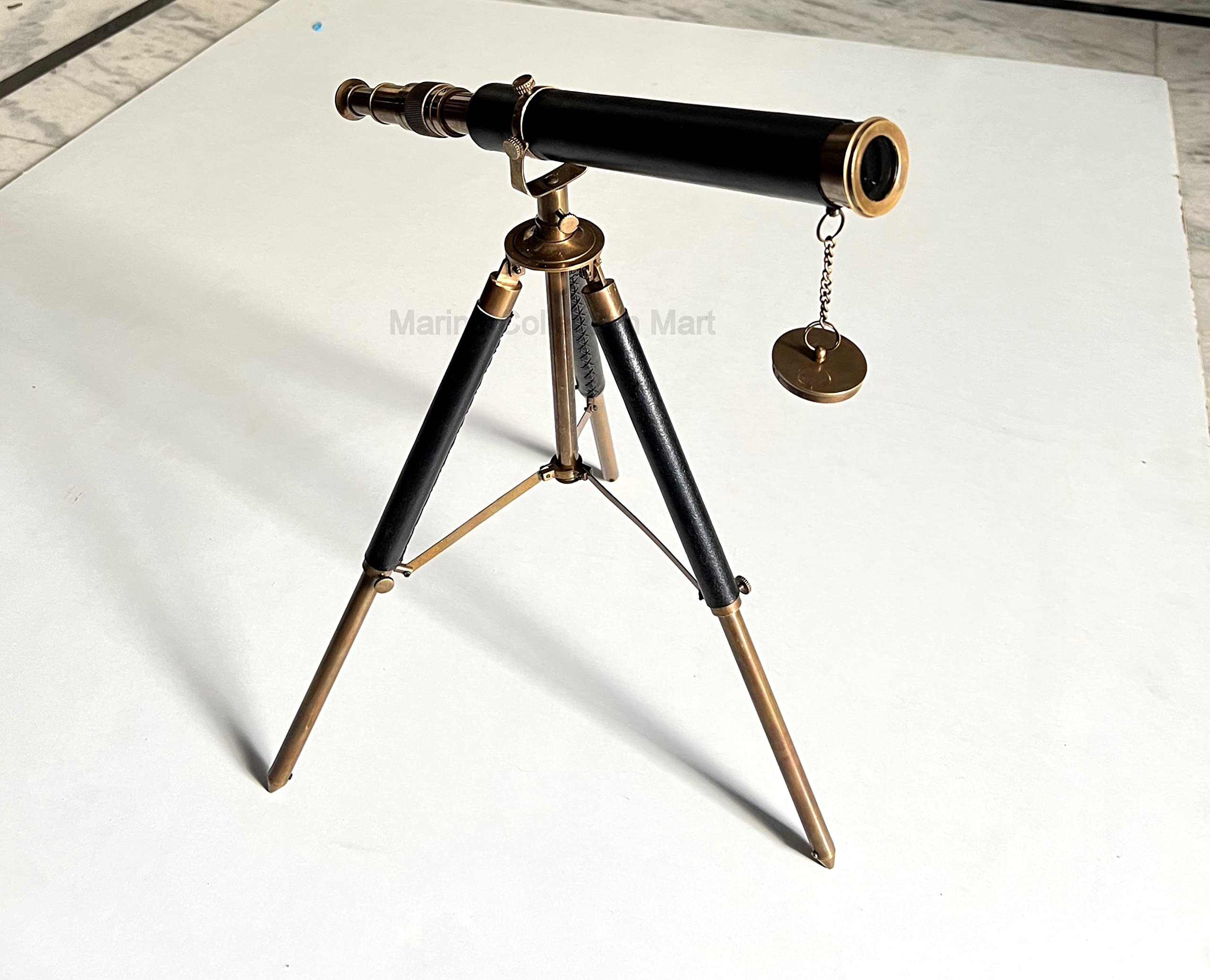 Brown Antique Brass Black Leather Wrapped Telescope with Table Top Adjustable Tripod Balcony View Spyglass Gift Home/Office Decor