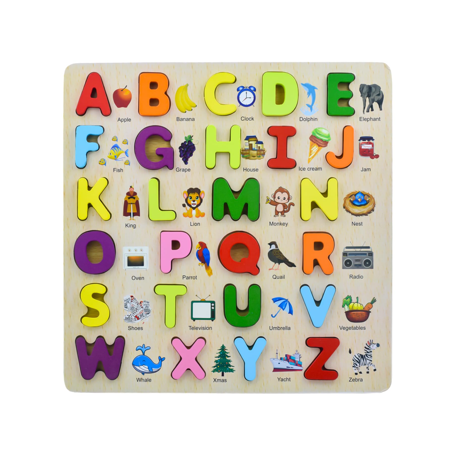 wishkey 3d wooden capital alphabet puzzles with pictures for children, montessori educational learning letters puzzle board toy- Multi color 1