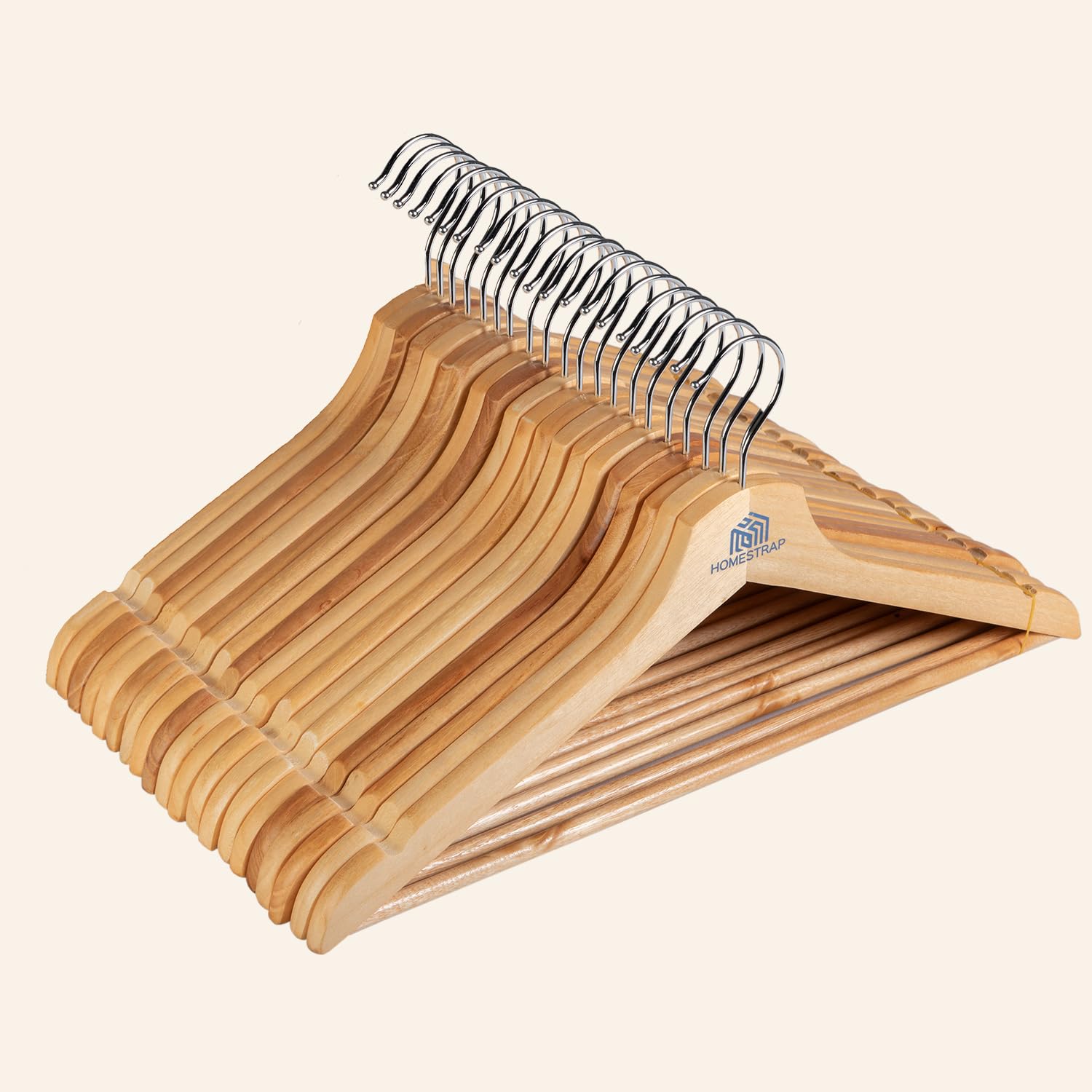 Homestrap Premium Round Bar Wooden Hanger (Pack of 20)| Durable Wooden Garment Hangers with Cut Notches & 360 Degree Swivel Chrome Hook for Hanging Heavy Clothes