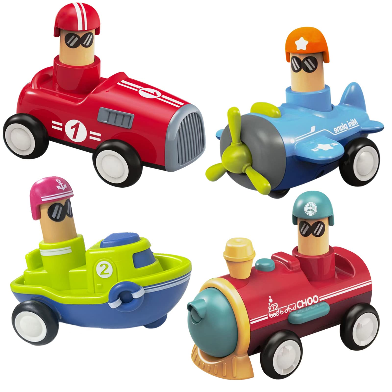 Wallxin 4 Pack Friction Powered Vehicles Cars Toy Push and Go Back for Toddlers Baby Boys Girls 1 2 3 Years Old Gift (Car,Train,Boat,Airplane)