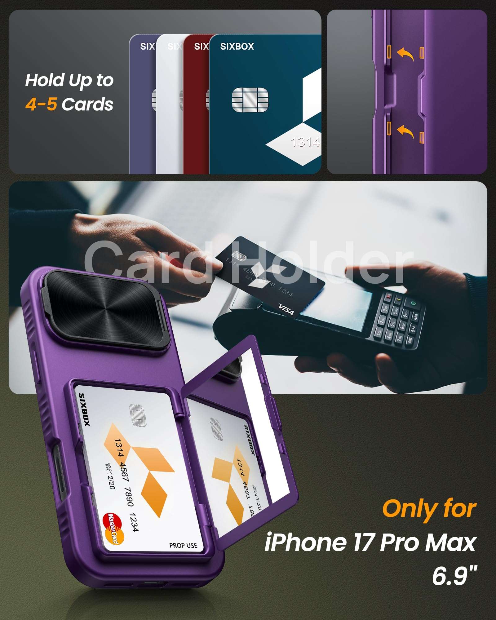 SIXBOX for iPhone 17 Pro Max Case, Built-in Card Holder & Stand & Lens Cover, Rugged Shockproof Protective Phone Case for 17 Pro Max, Purple 4