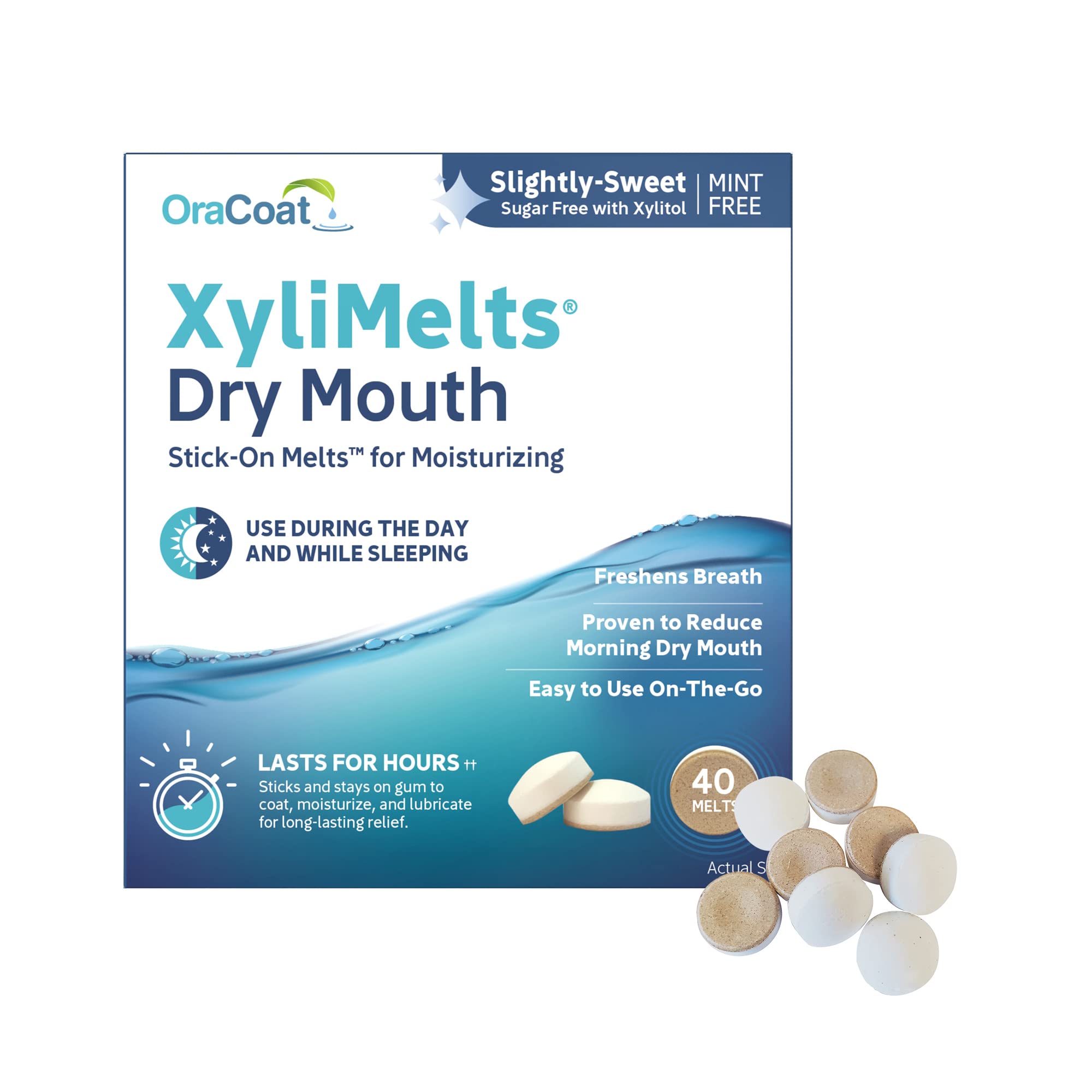 Oracoat XyliMelts for Dry Mouth Night Time or Day - Moisturizing Dry Mouth Adhering Discs, Sugar Free with Xylitol, 40 Count, Slightly-Sweet Flavor, 8-Hour Relief