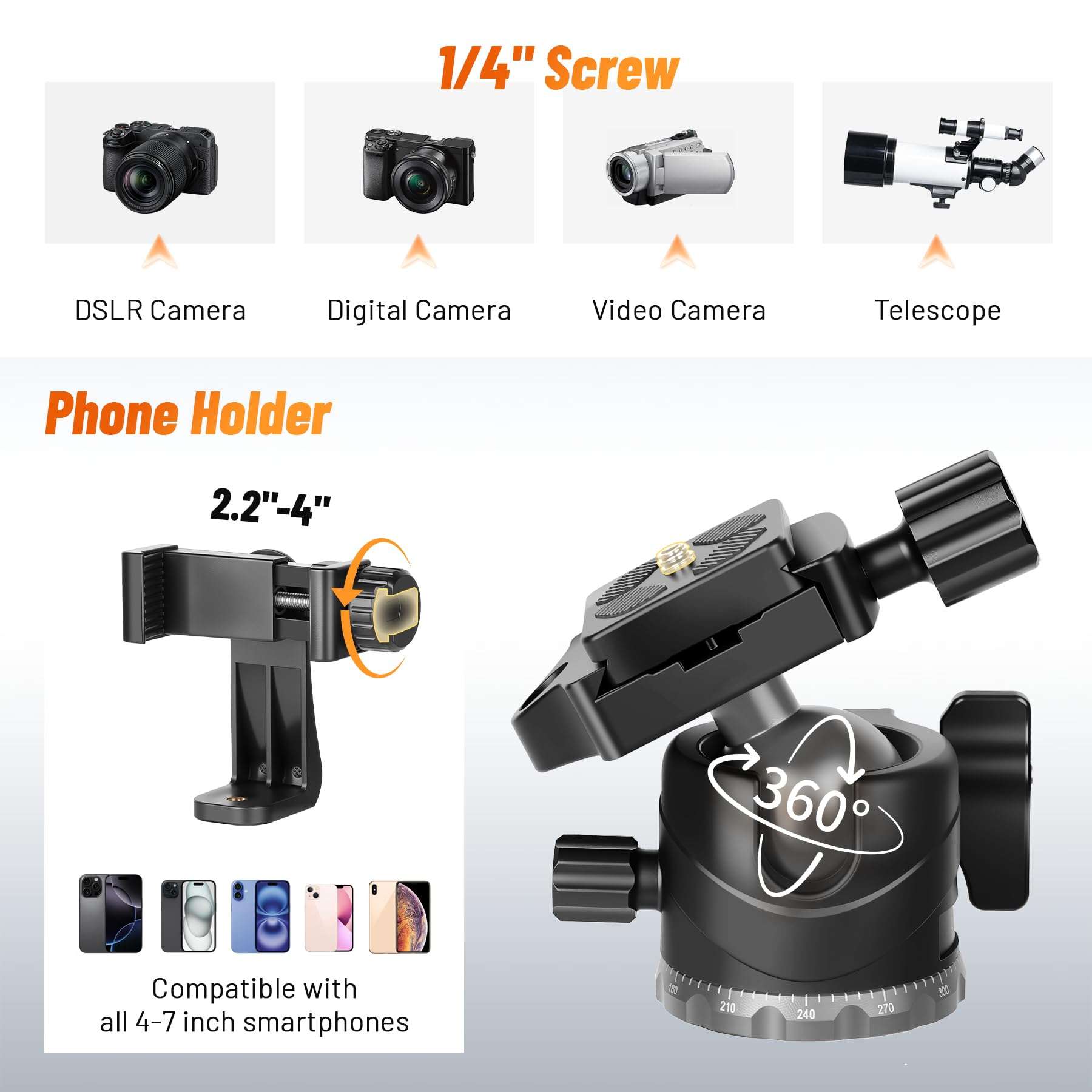 JOILCAN 66" Camera Tripod, Lightweight Travel Tripod with 360° Ball Head & Phone Holder, 22lbs Max Load for DSLR, Camera, Phone, Video & Photography (Grey) 4