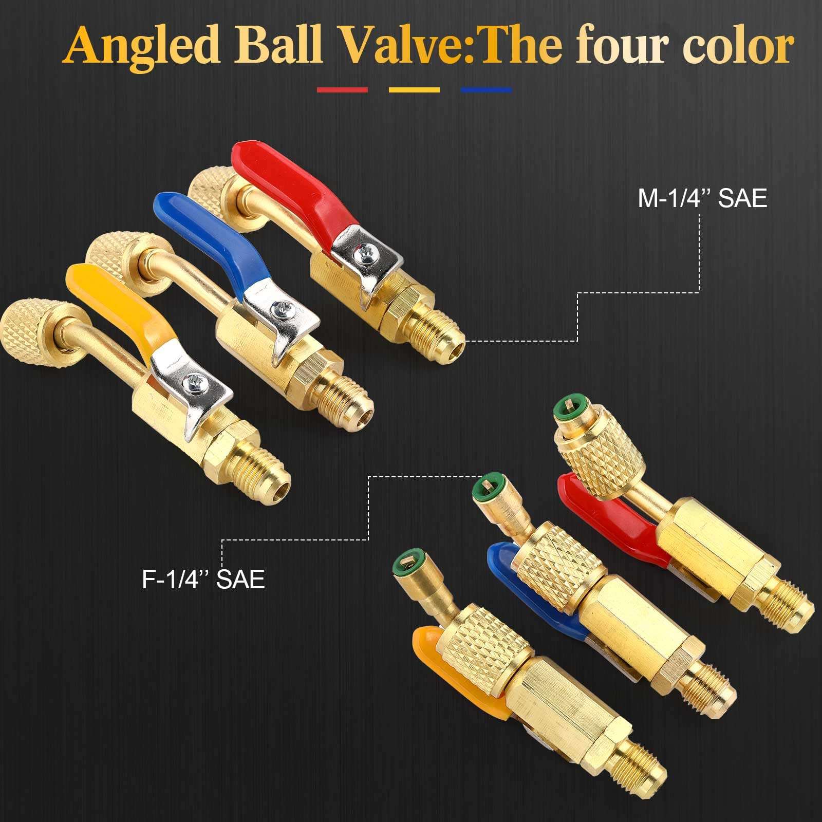 Mudder 7 Pcs Air Conditioning Refrigerant Compact Ball Valve 1/4 Inch for R410A R134A R12 R22 HVAC Adapter 5/16Inch Female to 1/4Inch Male Flare (3 Angle Ball Valve, 4 Right Angle Adapter) 6