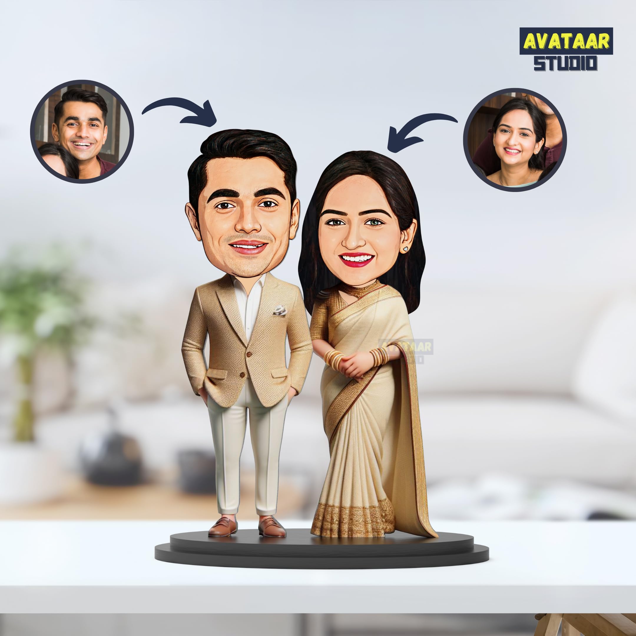 Makertech Gifting Wood Avatar Studio Personalized Fantasy Gift For Husband, Wife Character Caricature Photo Frame Unique Design Customized Gift For Friends & Family (Wedding Couple - 2),Multicolor 3