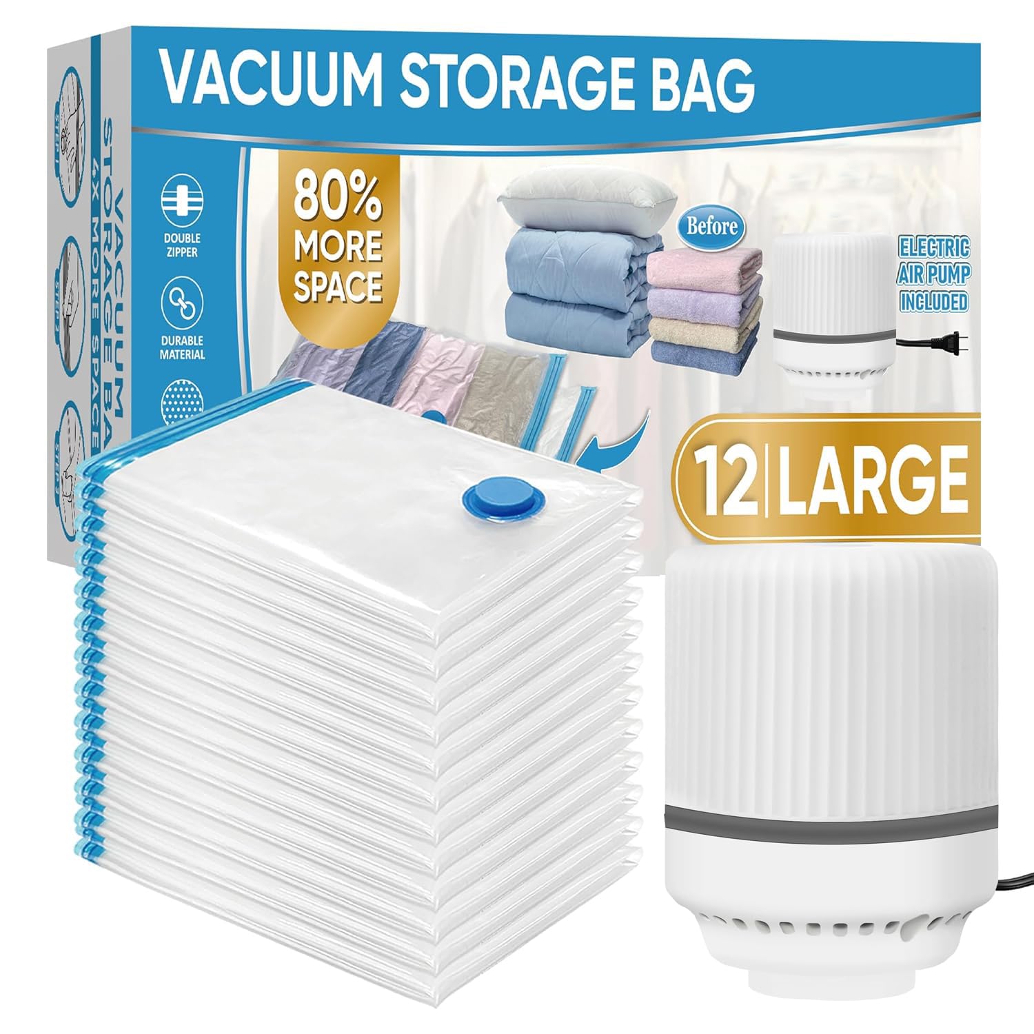 RAVIDO 4PCS (60 * 80CM) Vacuum Storage Bags with Electric Pump, Space Saver Bag Vacuum Seal Bags with Pump, Space Bag, Vacuum Sealer Bags for Clothes, Comforters, Blankets, Bedding (4 Large) 1