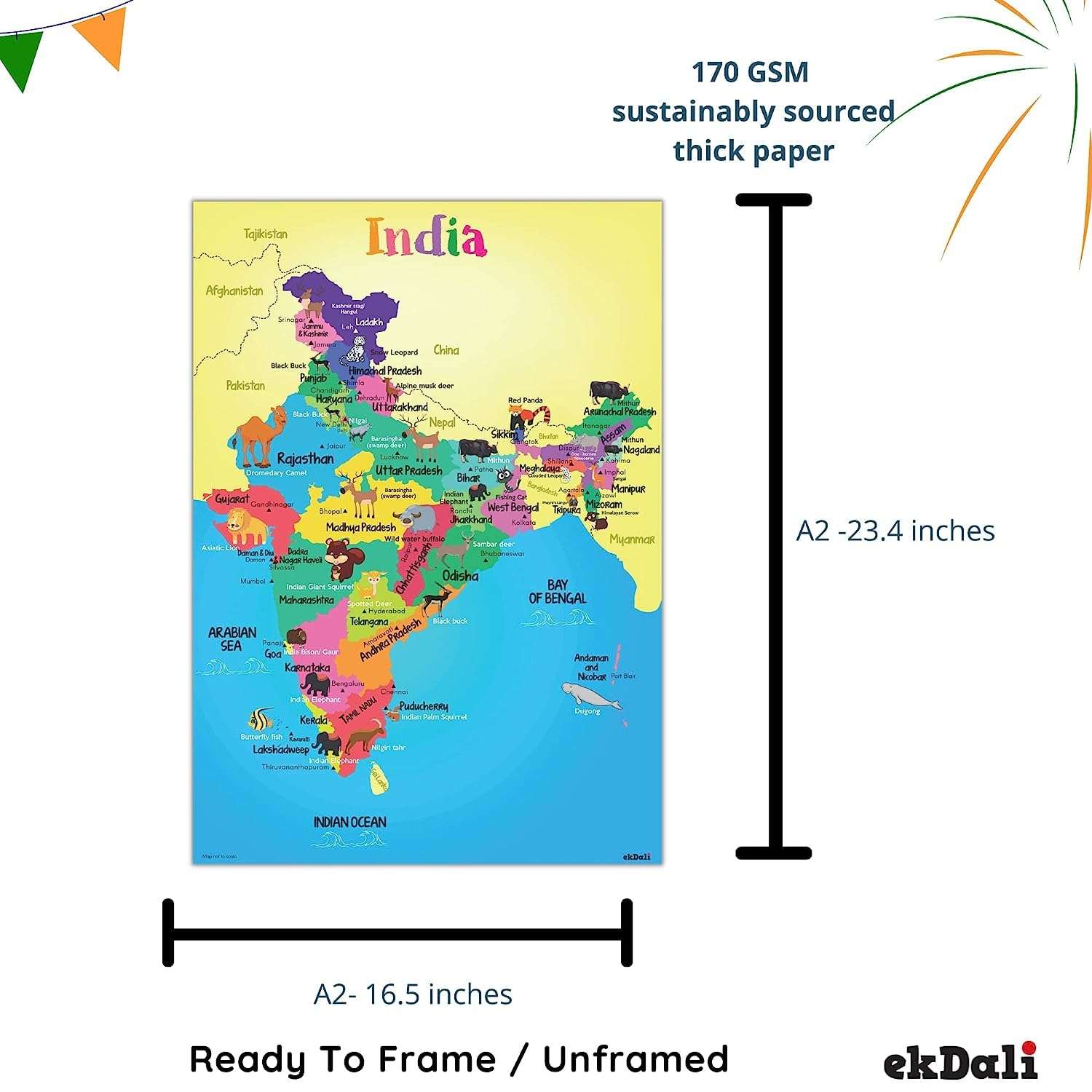 EKDALI India States of India Map with Animals Poster for Kids | Educational Learning India | india map for kids for Kids, Boys, Girls & Children Size :-16.5 X 23.4 inches (Multicolor) 4
