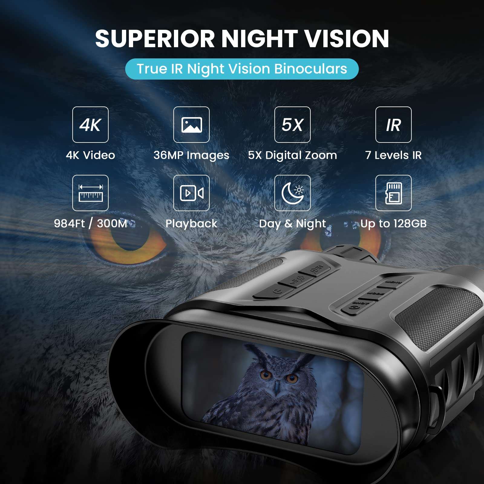 4K Digital Night Vision Goggles Binoculars for Total Darkness, Infrared Digital Night Vision, 32GB Memory Card for Photo and Video Storage, 3'' Large Screen Perfect for Hunting and Farm Monitoring 2