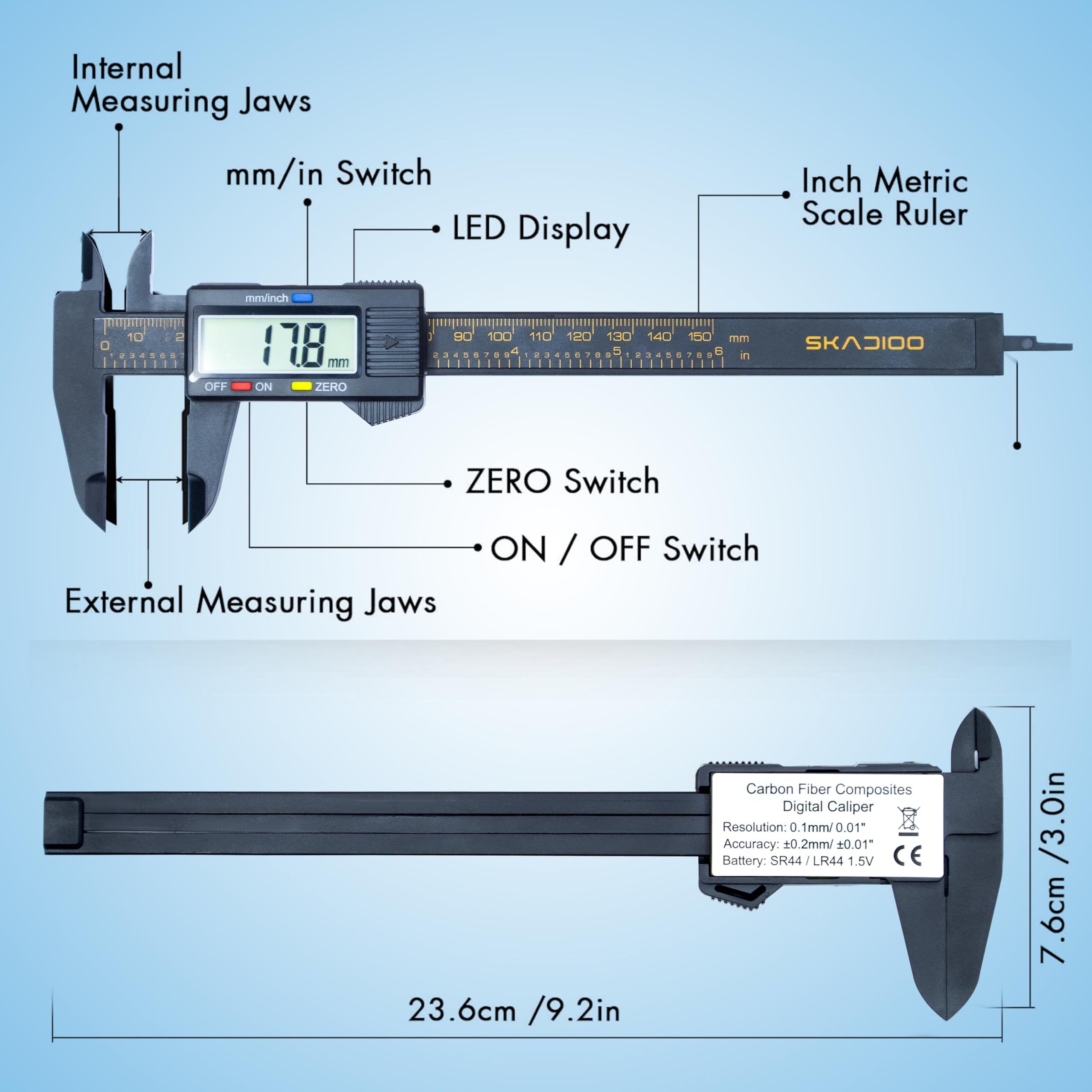 SKADIOO Black Plastic Vernier caliper, Digital vernier caliper, Vernier caliper digital, Vernier caliper 6 inch, Electronic Vernier Caliper Gauge Micrometer, Vernier Caliper with LED Screen,black,1 pc 6