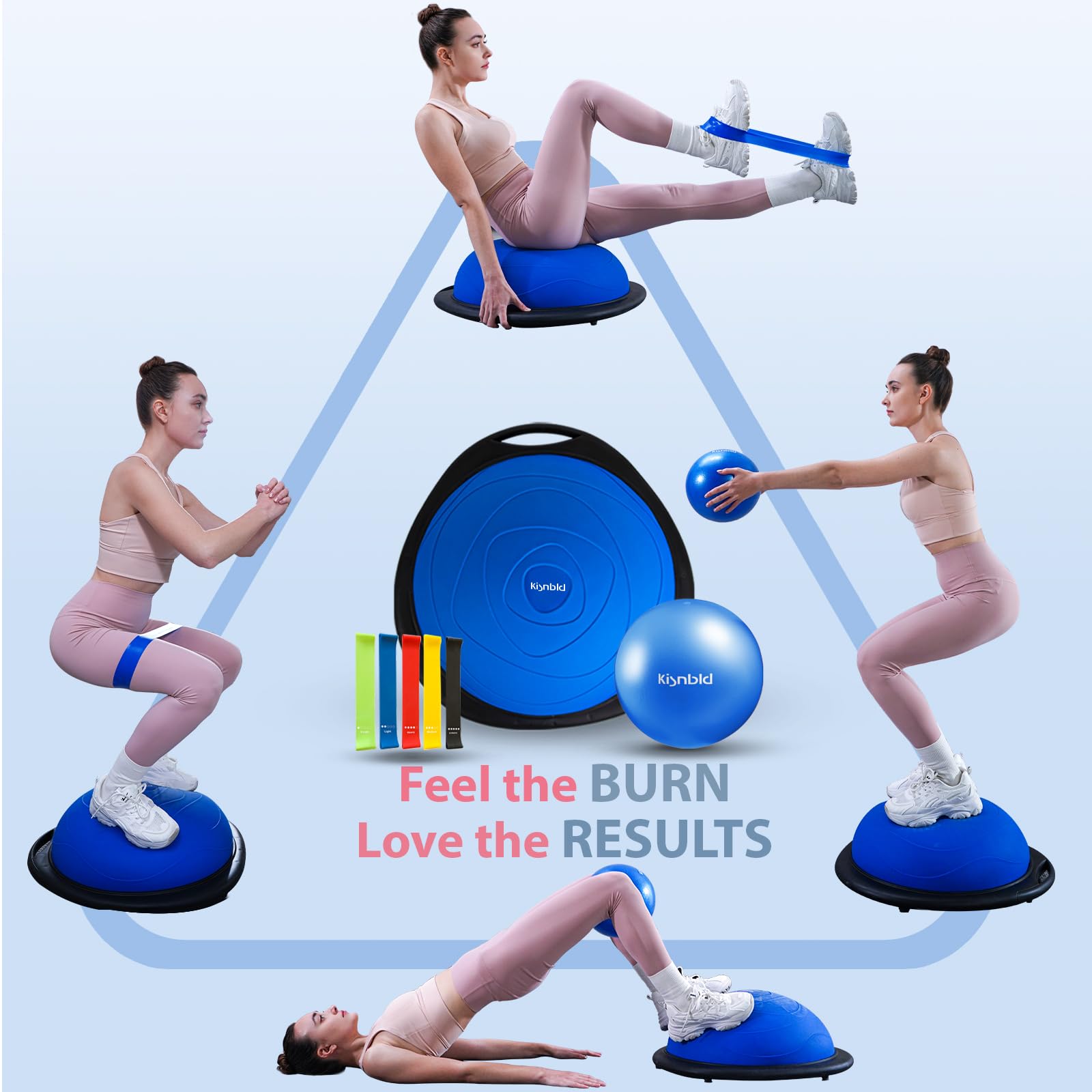 kisnbld Half Balance Ball Trainer, Inflatable Half Exercise Ball Balance Trainer with Pilates Ball & Resistance Bands, Non-Slip Half Yoga Ball for Home Gym Full Body Workouts 5