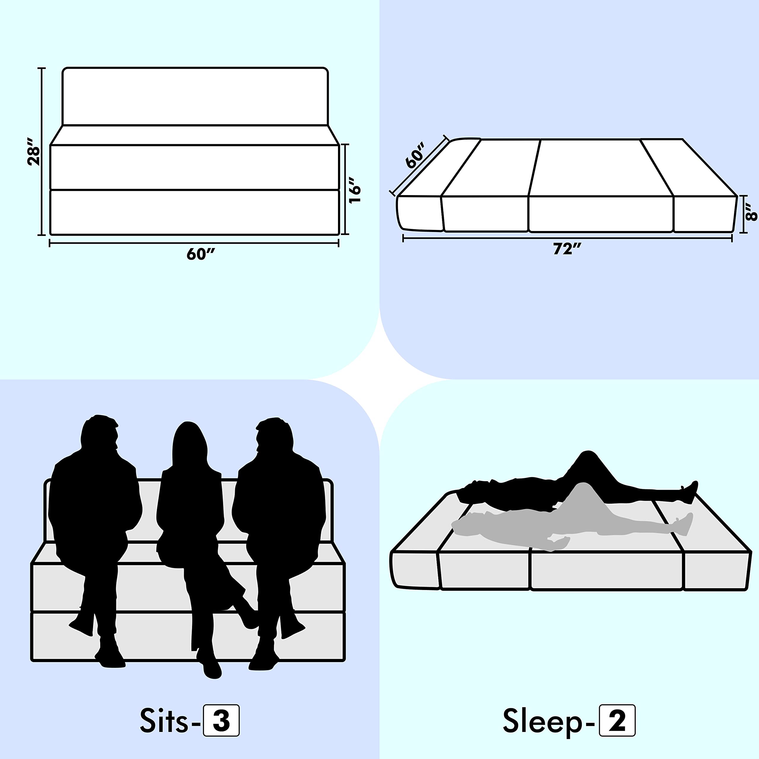 TRENDY VIBES | 3 -Seater, Blue Color | Folding Sofa Cum Bed & Mattress - Perfect for Guest Home & Office -5X6 Feet 6