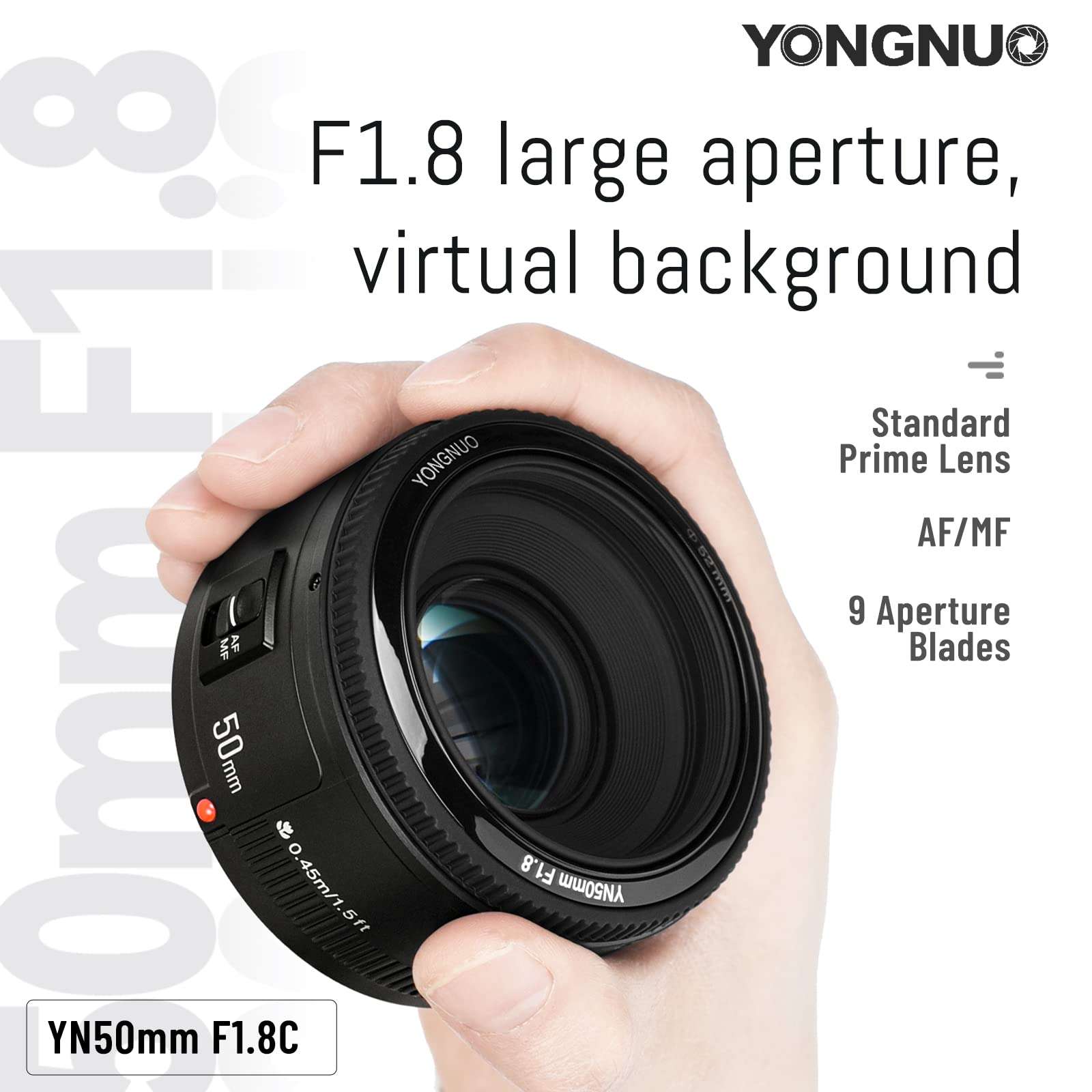 YONGNUO YN50mm F1.8C Lens, Large Aperture Auto Focus Lens, 50MM F1.8 for Canon EF Mount EOS Cameras Black 2