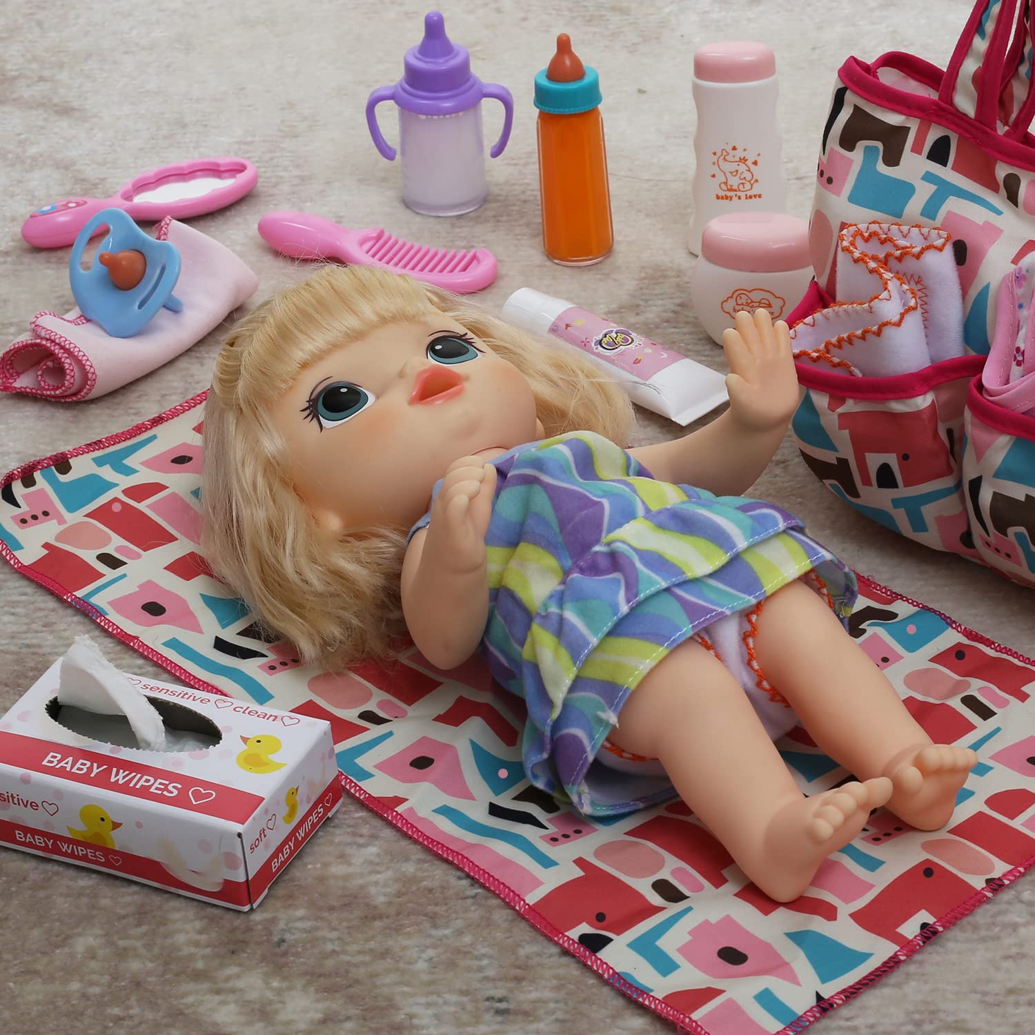 14 Pack Baby Doll Accessories, Baby Doll Feeding and Caring Set Includes Diaper Bag, Doll Diapers, Magic Bottle, Changing Mat for Girl Toddler Kid, Babies Pretend Play Set for Birthday Gift Christmas 6