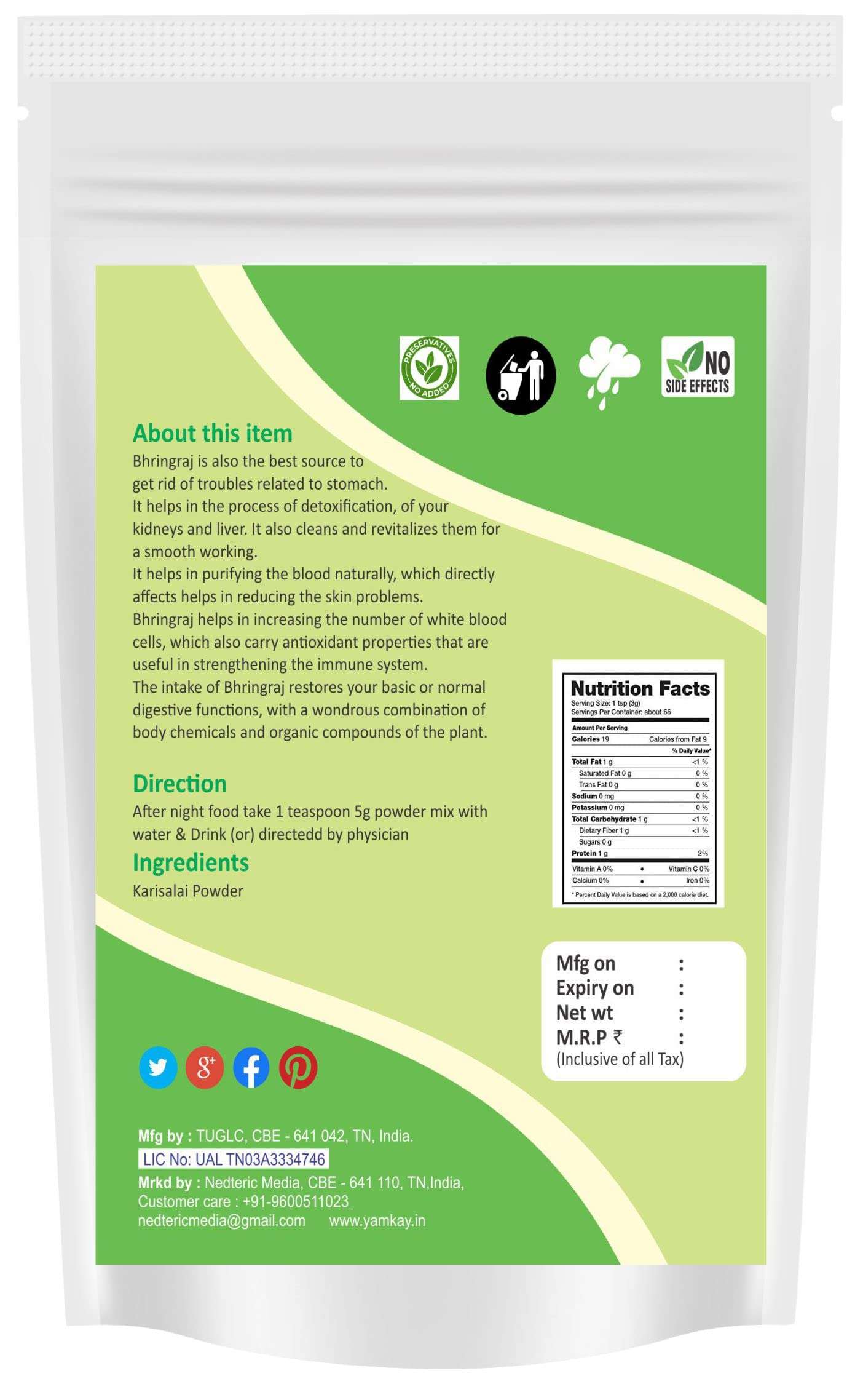 YAMKAY Natural Organics Pure Karisalai/Bhringraj Eclipta alba Powder 100gm 3