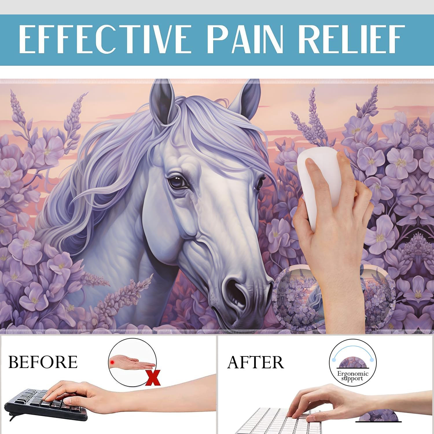 Mouse Pad Set, Large Gaming Mouse Pad (31.5X 11.8 inches)+ Wrist Rest Pad + Coaster, Ergonomic Wrist pad, Home Office Desk Accessories Decor Supplies, Horse Lavender Floral 5