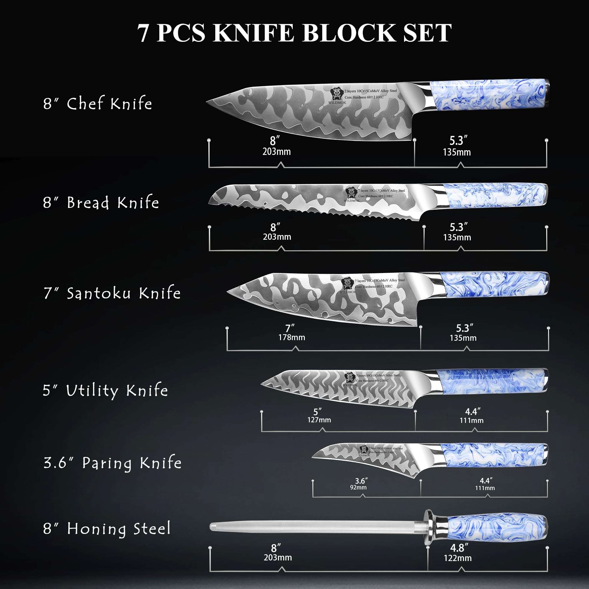 WILDMOK 7-Piece Knife Block Set, Blue and White Porcelain Pattern Resin Handle Kitchen Knives, Including Chef, Bread, Santoku, Utility and Fruit Knife Sets with Sharpener 3