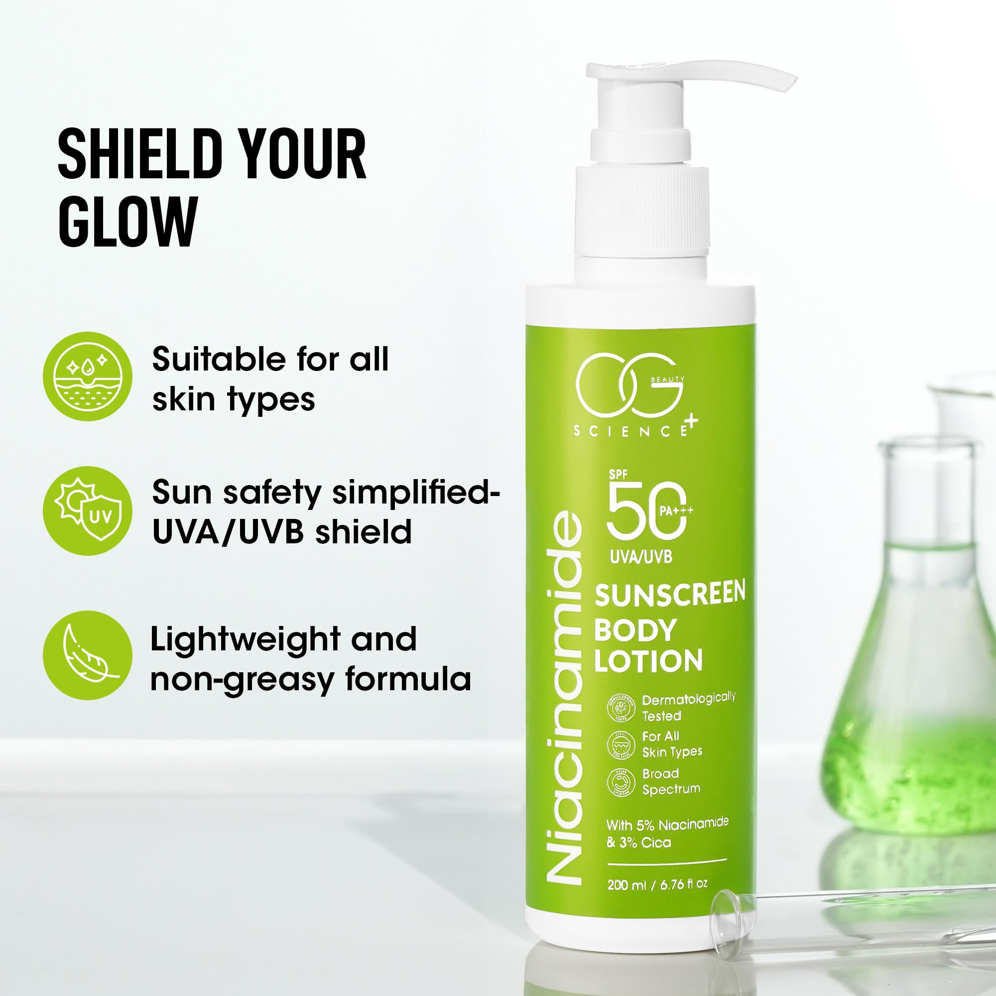 OG BEAUTY SCIENCE SPF 50 PA+++ Sunscreen Body Lotion with Niacinamide & Cica - Dermatologically Tested - Broad Spectrum Pack of 3 | 600 ML 4