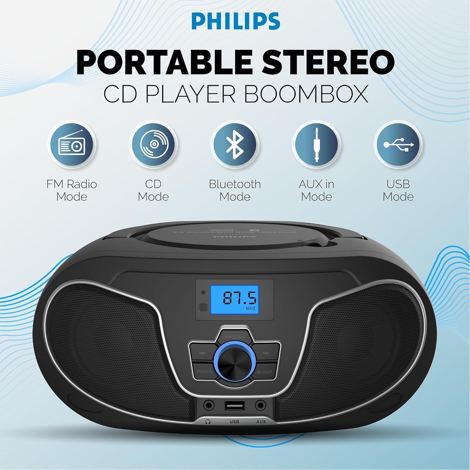 Philips CD Player Boombox, Dynamic Bass Boost with Bluetooth, FM Radio, USB Playback & AUX Input, Portable Top-Loading Boombox, Clear Stereo, RW/MP3 Compatible (Black) 3