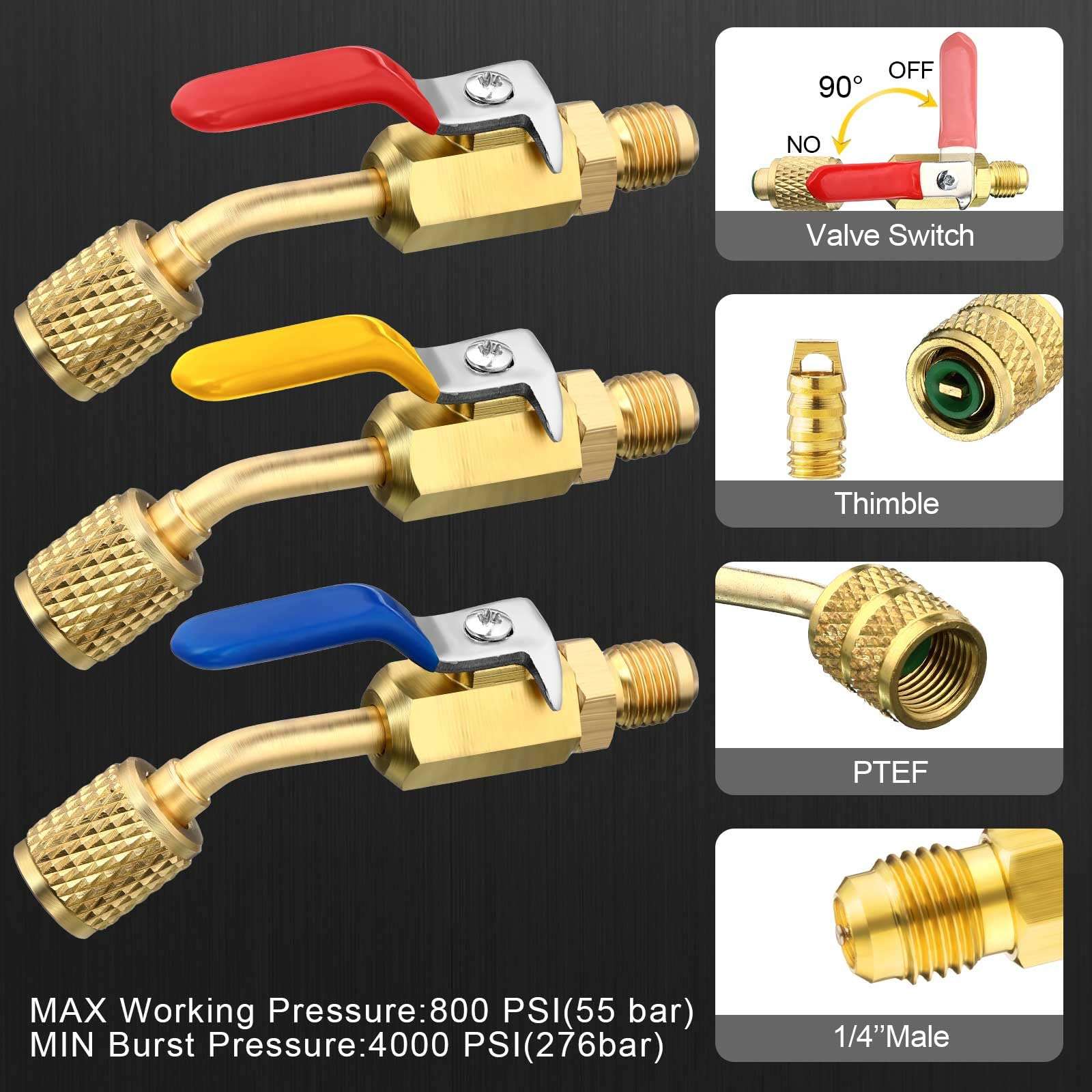 Mudder 7 Pcs Air Conditioning Refrigerant Compact Ball Valve 1/4 Inch for R410A R134A R12 R22 HVAC Adapter 5/16Inch Female to 1/4Inch Male Flare (3 Angle Ball Valve, 4 Right Angle Adapter) 4