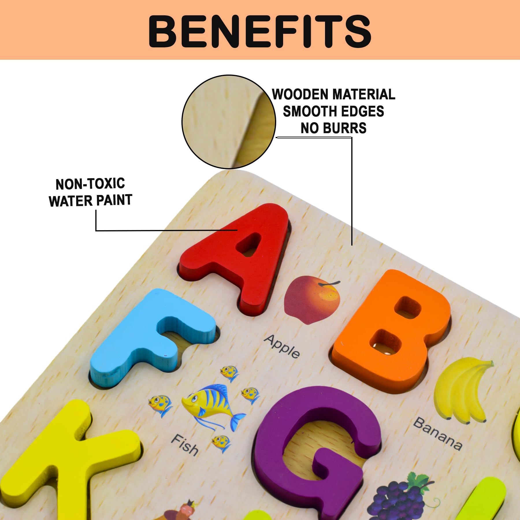 wishkey 3d wooden capital alphabet puzzles with pictures for children, montessori educational learning letters puzzle board toy- Multi color 5