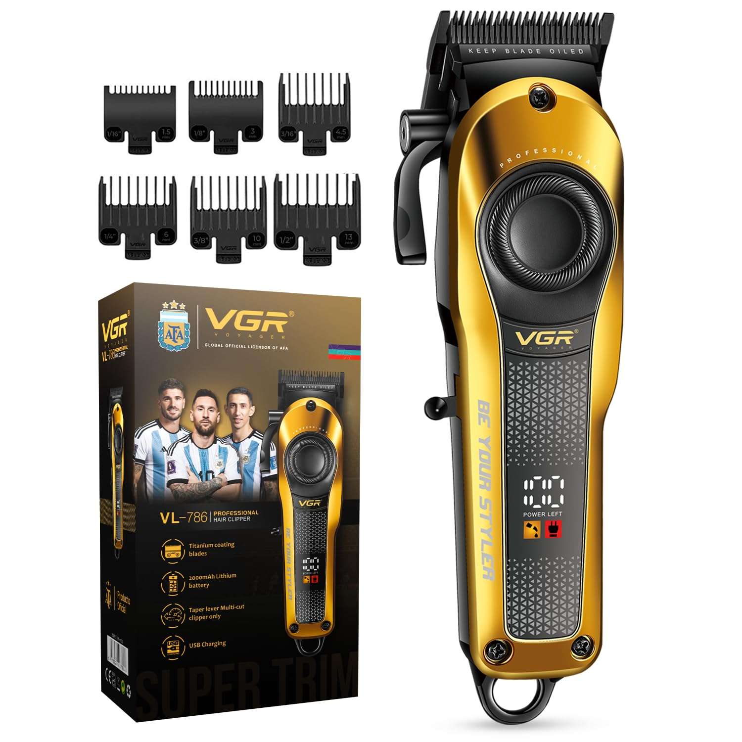VGR VL-786 Professional Hair Clipper for Men & Salons | Cord & Cordless | Titanium Blades | LED Display | Taper Lever | 6 Guide Combs | 200 min Long Runtime | Fast Charging | 1+1 Year Warranty | Gold 1