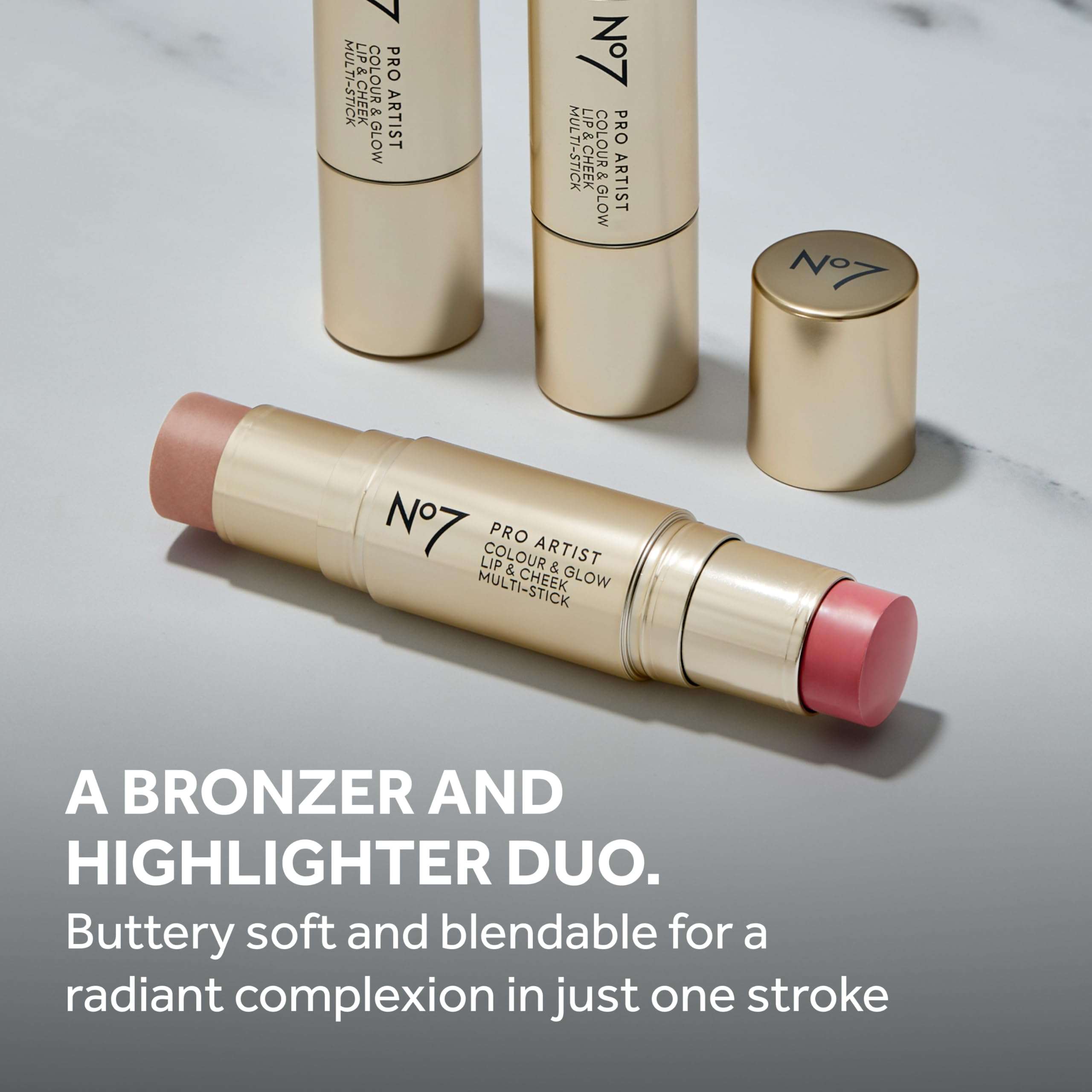 No7 Pro Artist Multi-Use Bronzer Stick & Highlighter Makeup - Dual-Ended Cream Contour and Face Highlighter with Vitamin E and Argan Oil for a Radiant Finish - Deep Bronze/Golden Glow (10g) 4