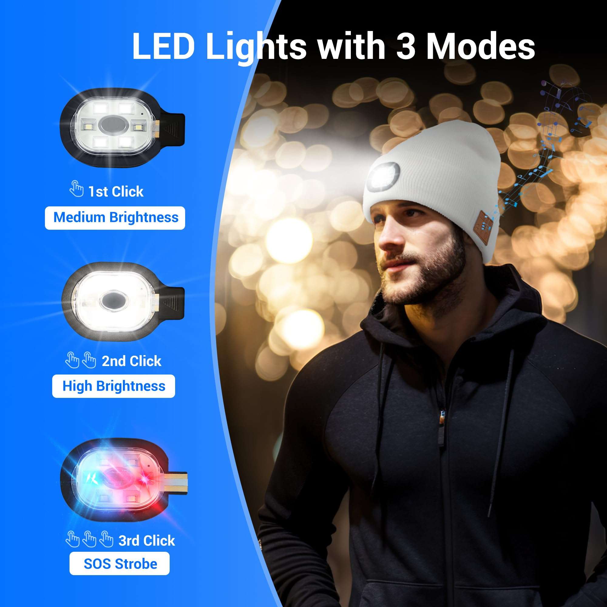 Yontune Bluetooth Hat with Light, Unisex USB Rechargeable 6 LED Headlamp Beanie Cap with Headphones Black Winter Lighted Beanie for Outdoor Sports 4