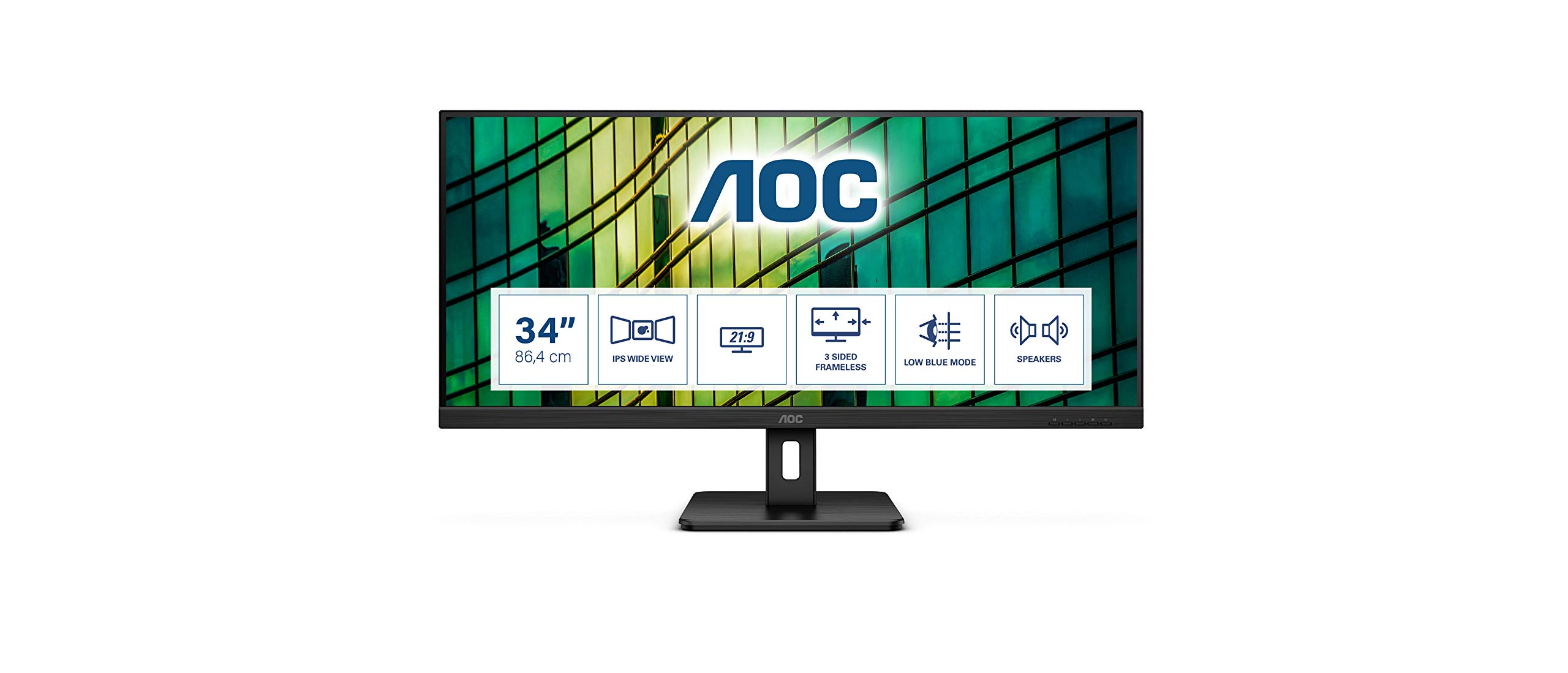 AOC Q34E2A 34 inch LED IPS Monitor - IPS Panel, 2560 x 1080 Resolution, 4ms Response, Built in Speakers, HDMI 2